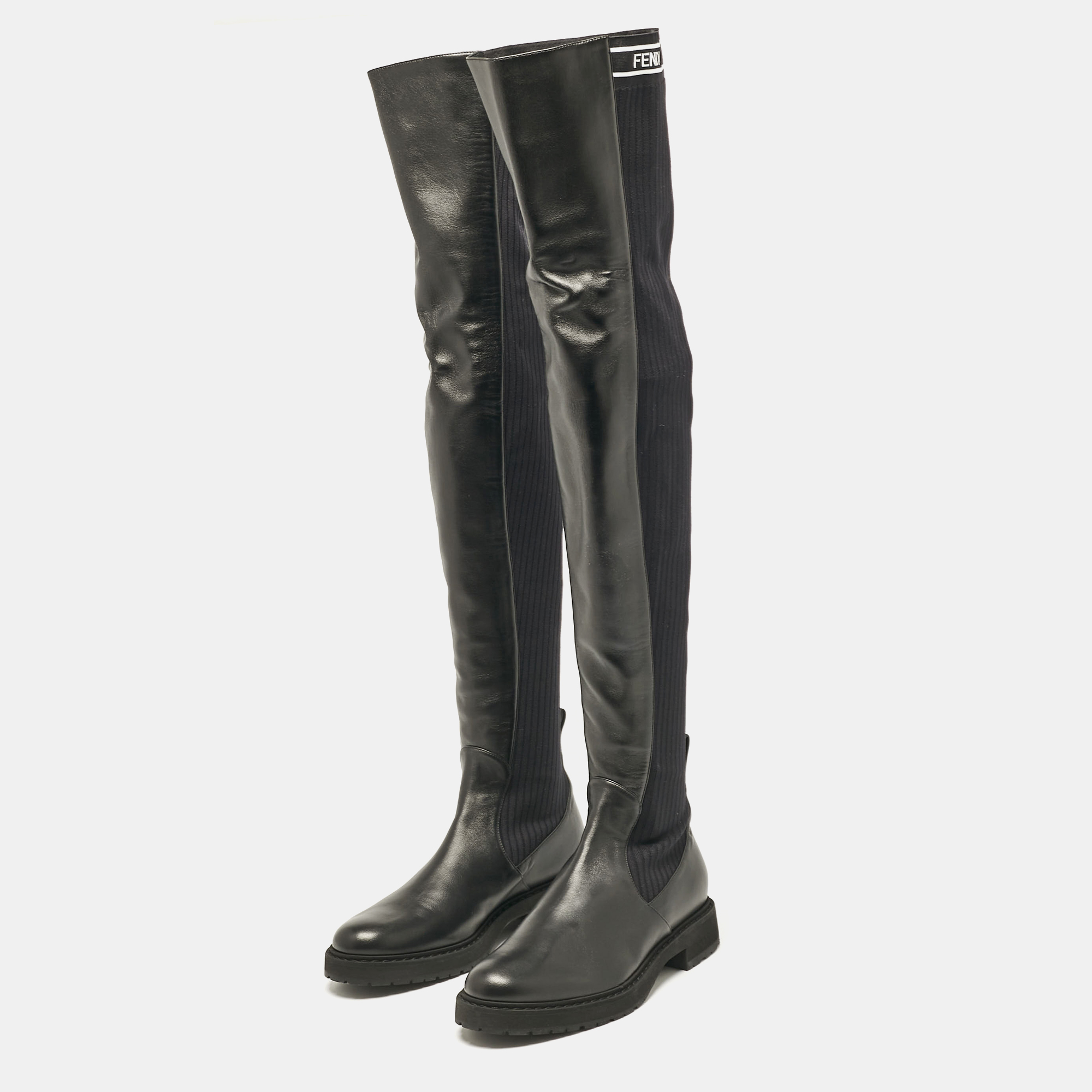 Fendi Black Fabric And Leather Over The Knee Boots Size 40