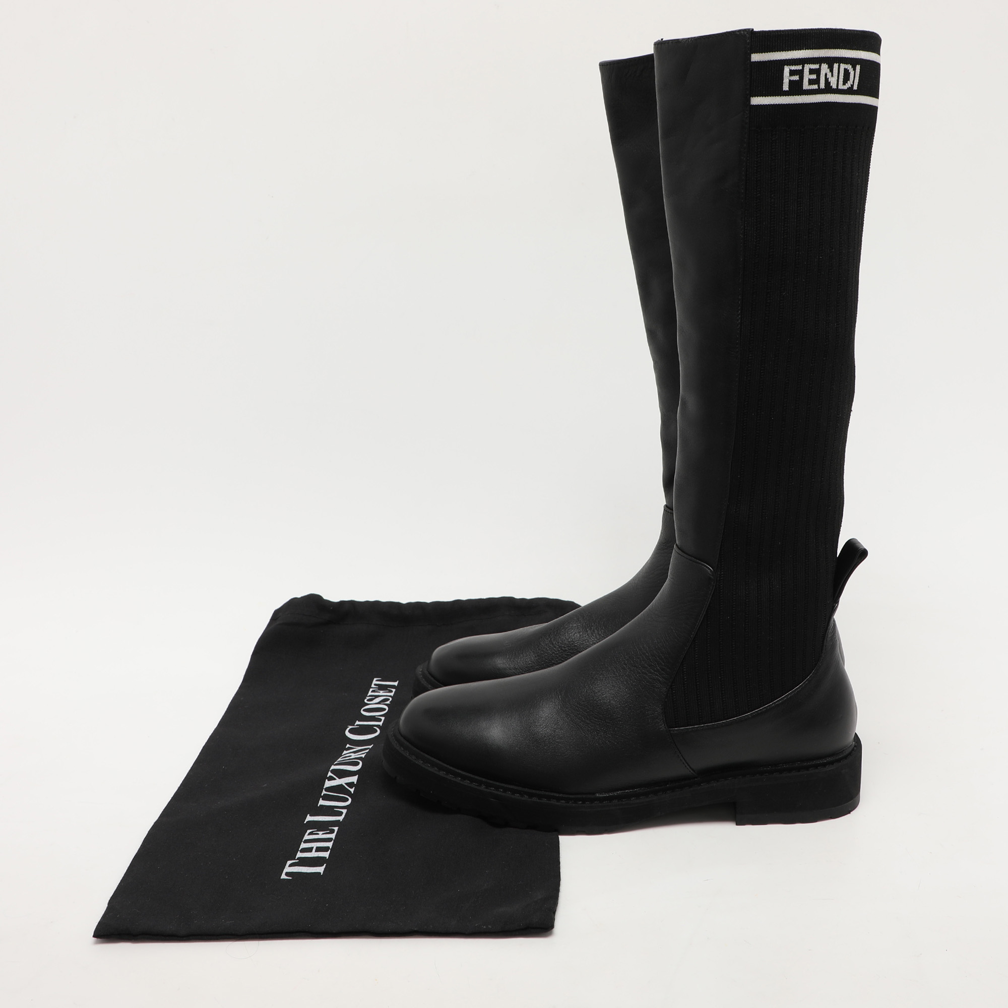 Fendi Black Leather And Stretch Fabric Logo Rockoko Calf Length Boots Size 40