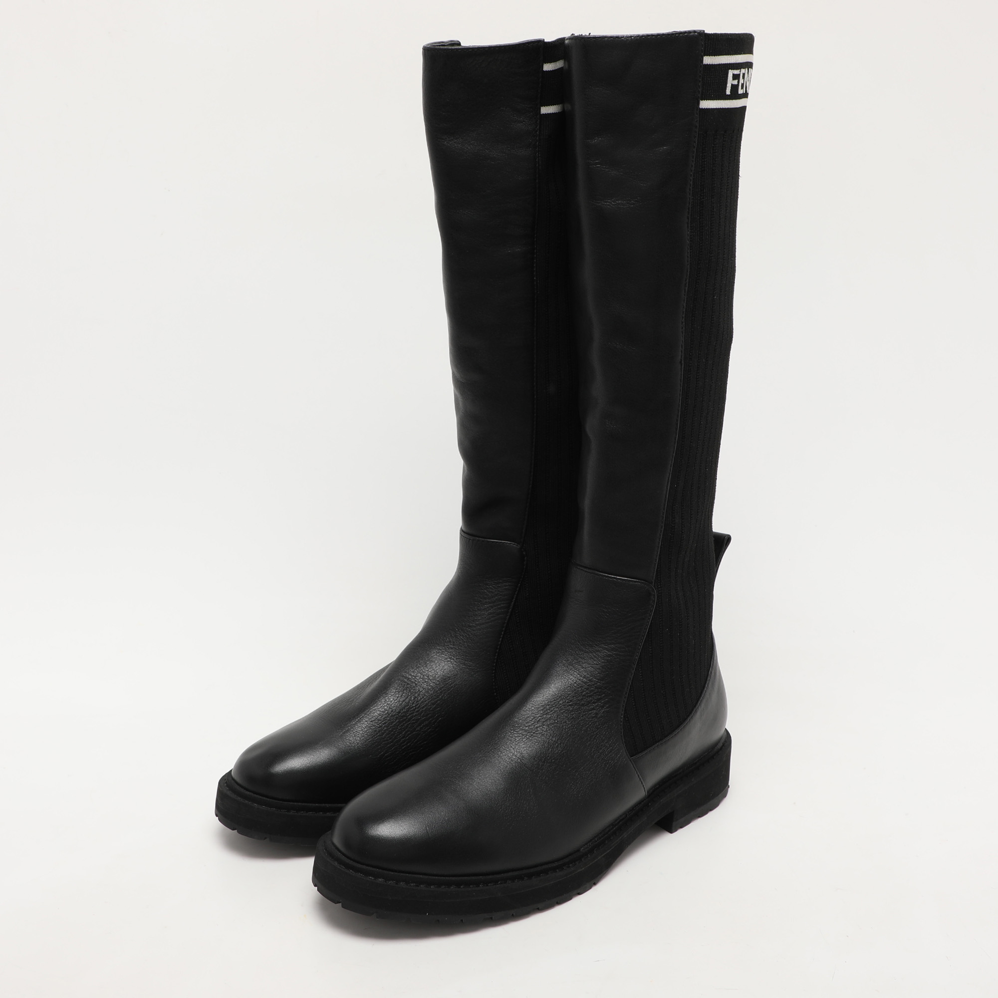 Fendi Black Leather And Stretch Fabric Logo Rockoko Calf Length Boots Size 40