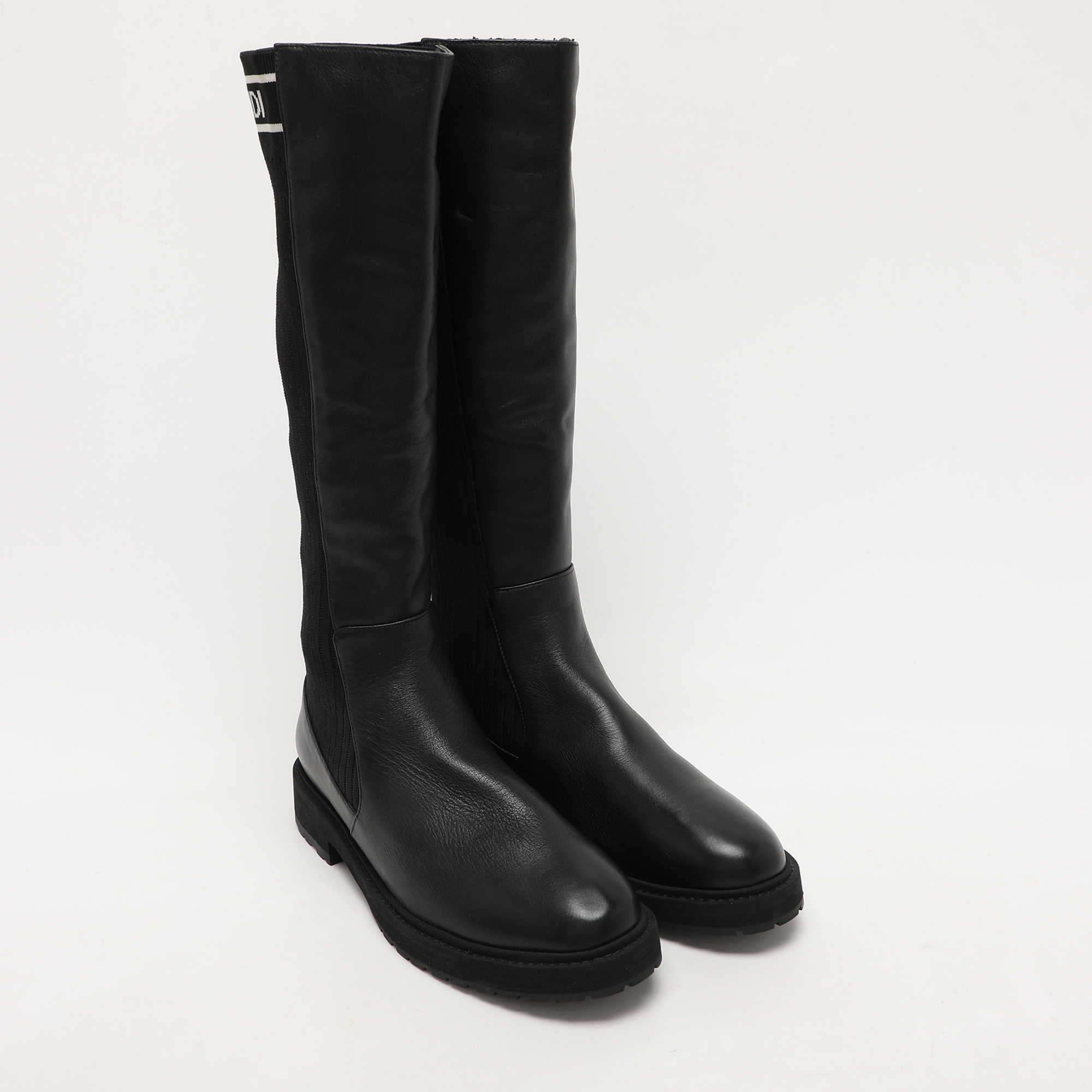 Fendi Black Leather And Stretch Fabric Logo Rockoko Calf Length Boots Size 40