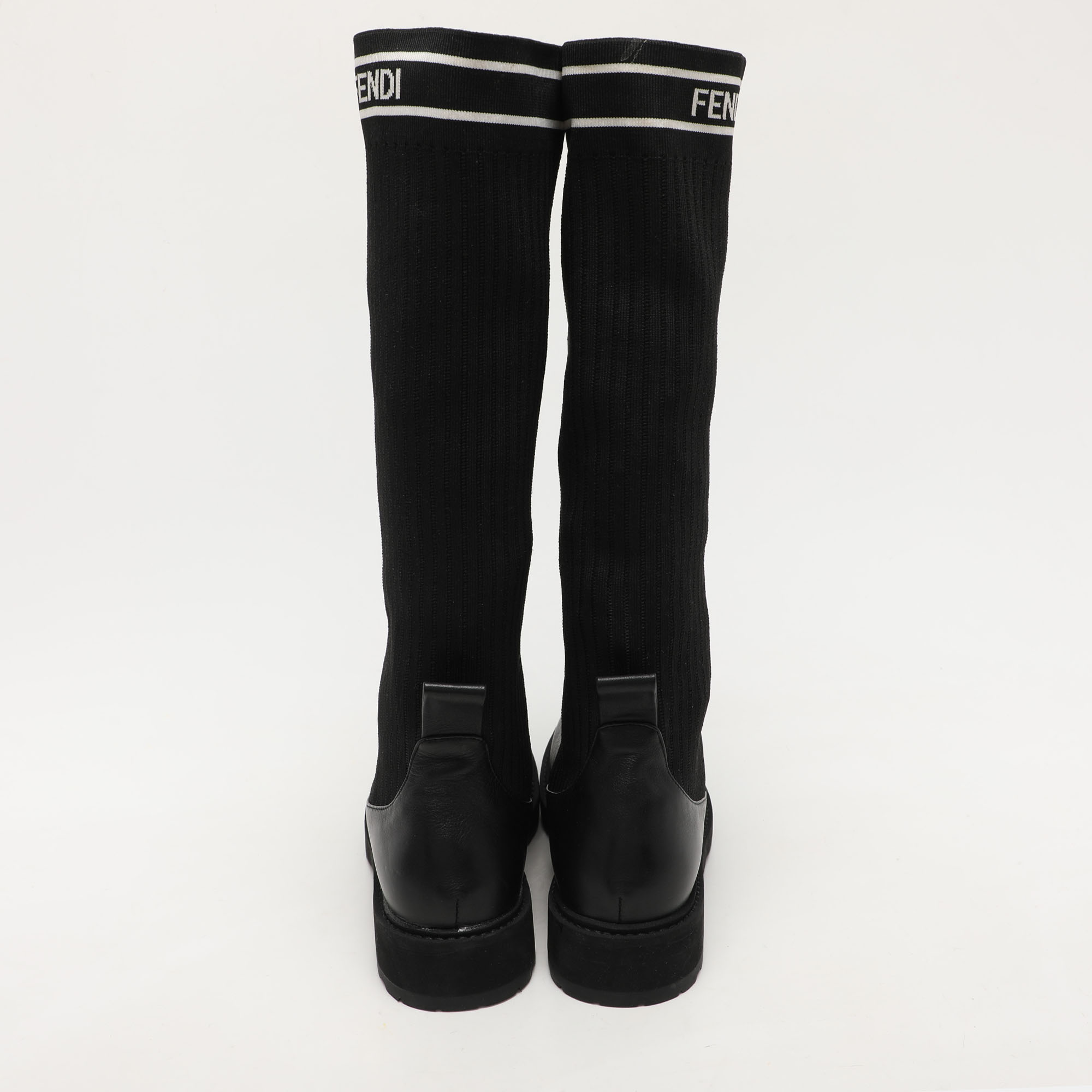 Fendi Black Leather And Stretch Fabric Logo Rockoko Calf Length Boots Size 40