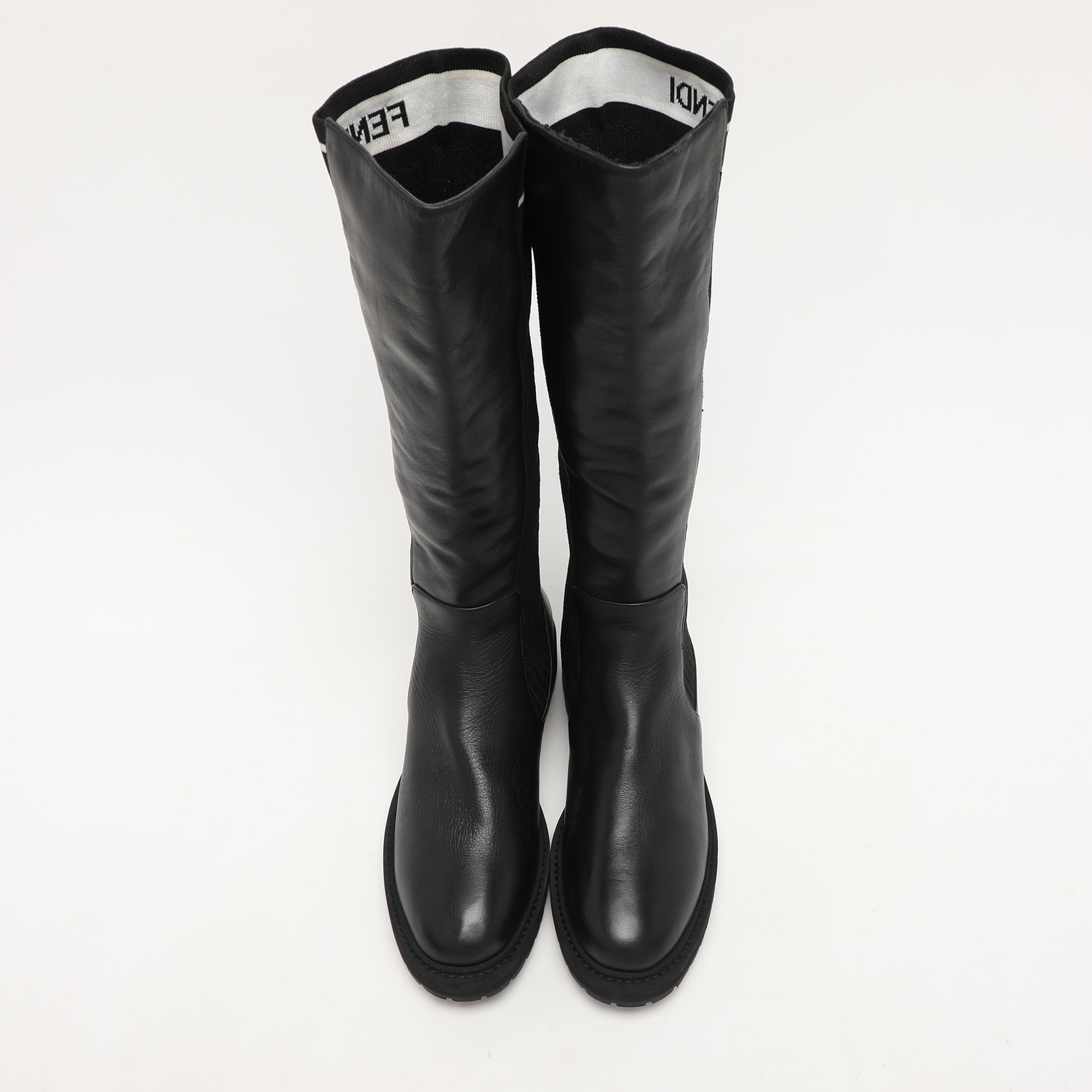 Fendi Black Leather And Stretch Fabric Logo Rockoko Calf Length Boots Size 40