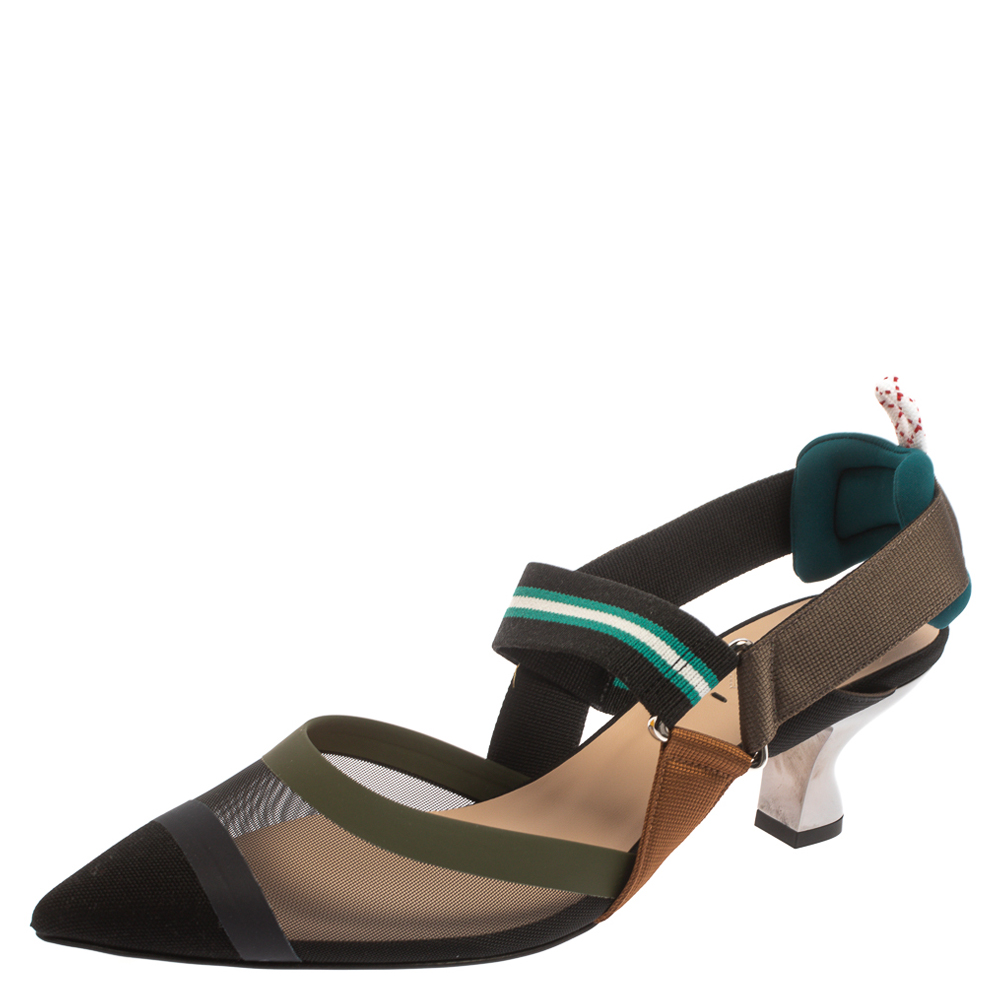 Image of Fendi Tricolor Mesh And Fabric Colibri Slingback Pointed Toe Sandals Size