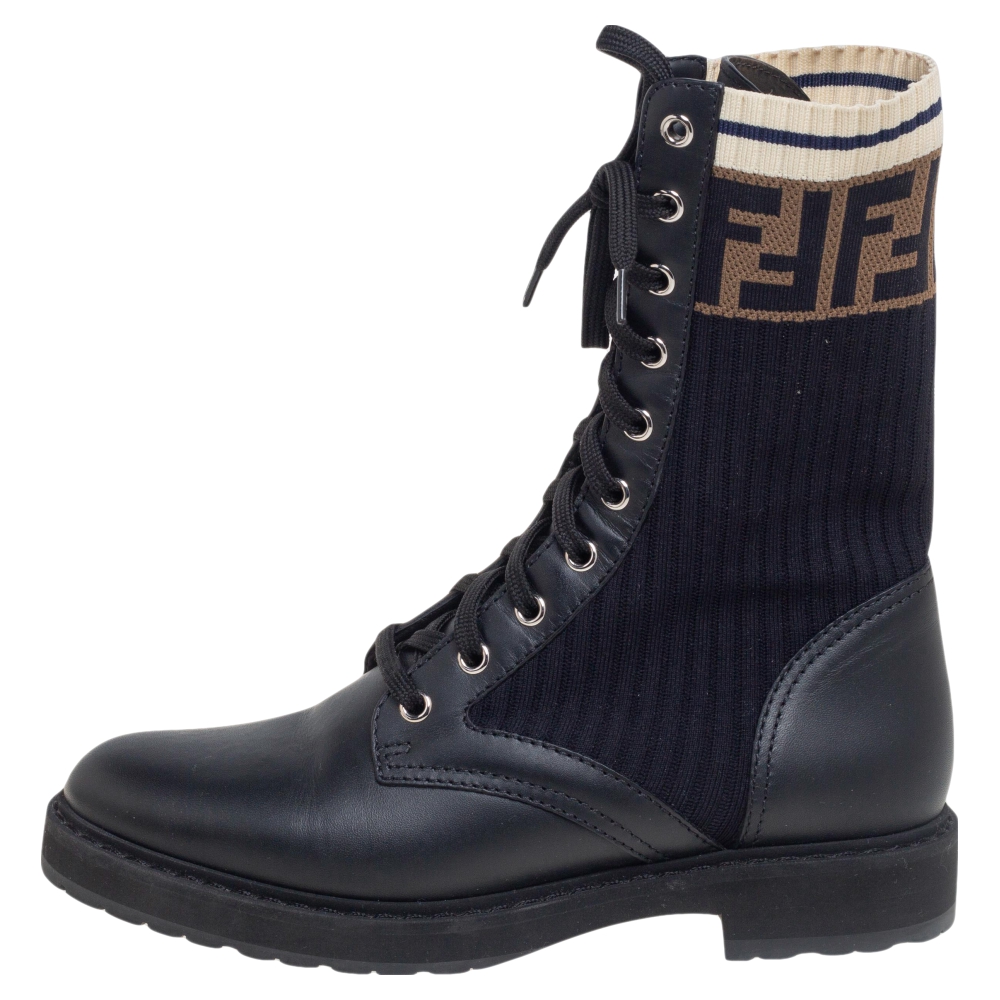 

Fendi Black Leather And FF Motif Detail Stretch Fabric Rockoko Combat Boots Size