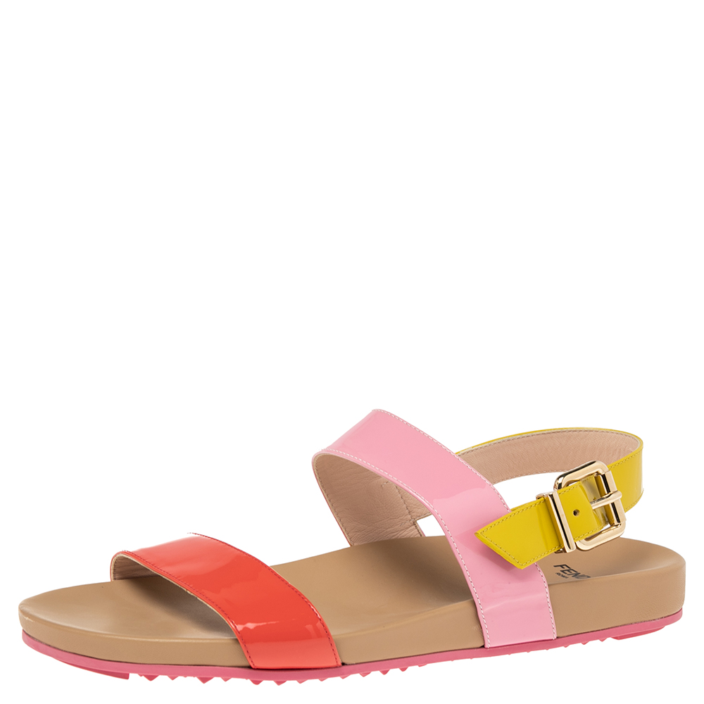 Fendi Multicolor Patent Leather Slingback Flat Sandals Size 40