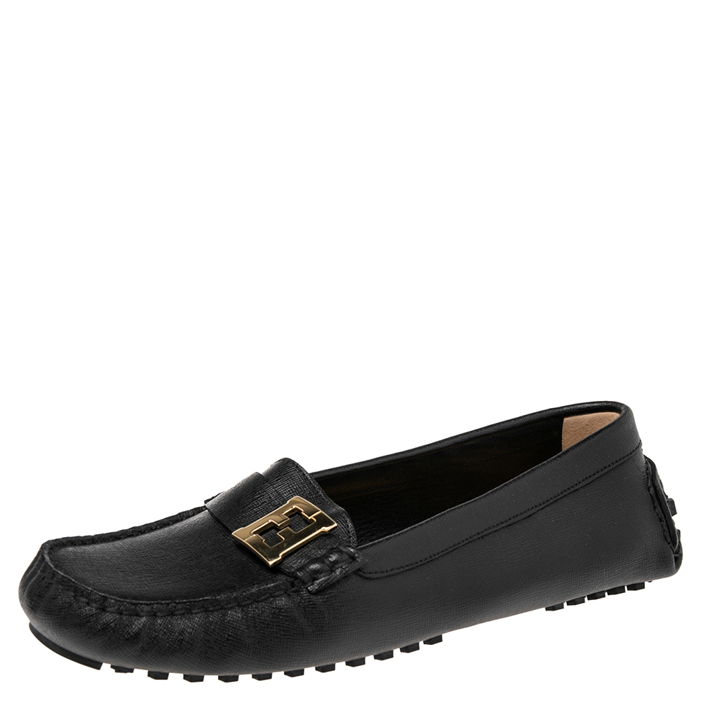 Fendi Black Saffiano Leather Logo Loafers Size 40