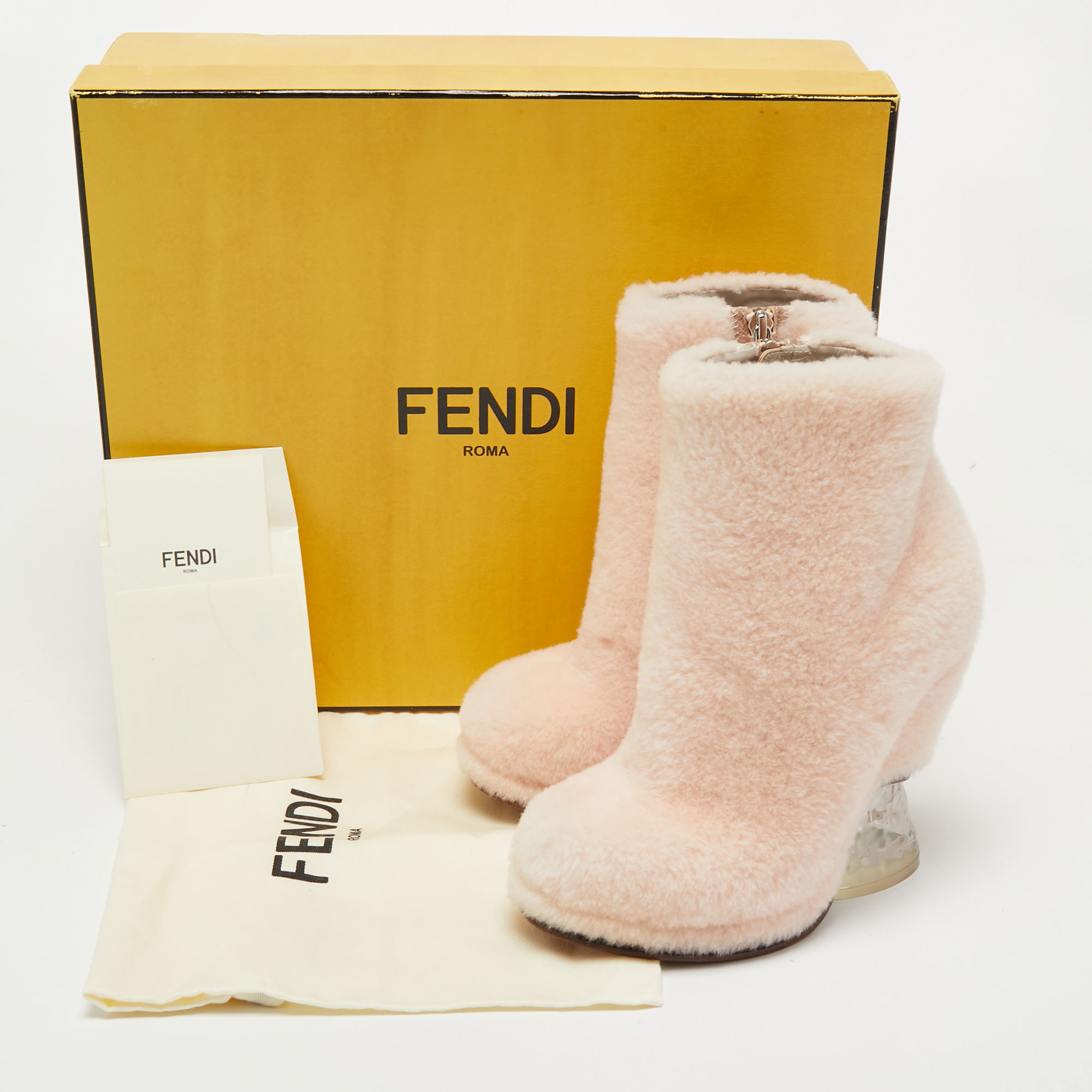 Fendi Light Pink Shearling Ice Heel Ankle Length Boots Size 36