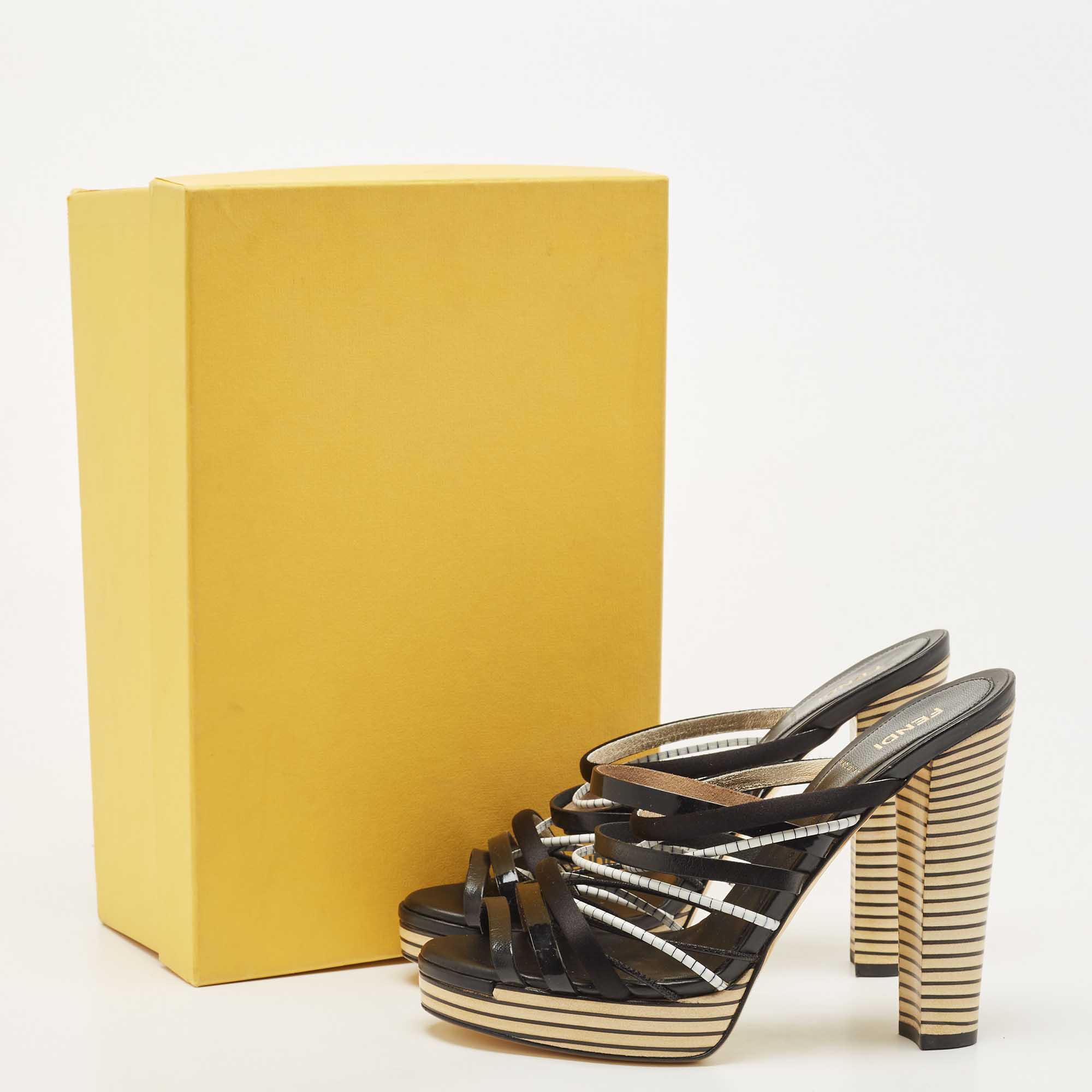 Fendi Black Leather Strappy Platform Slide Sandals Size 39