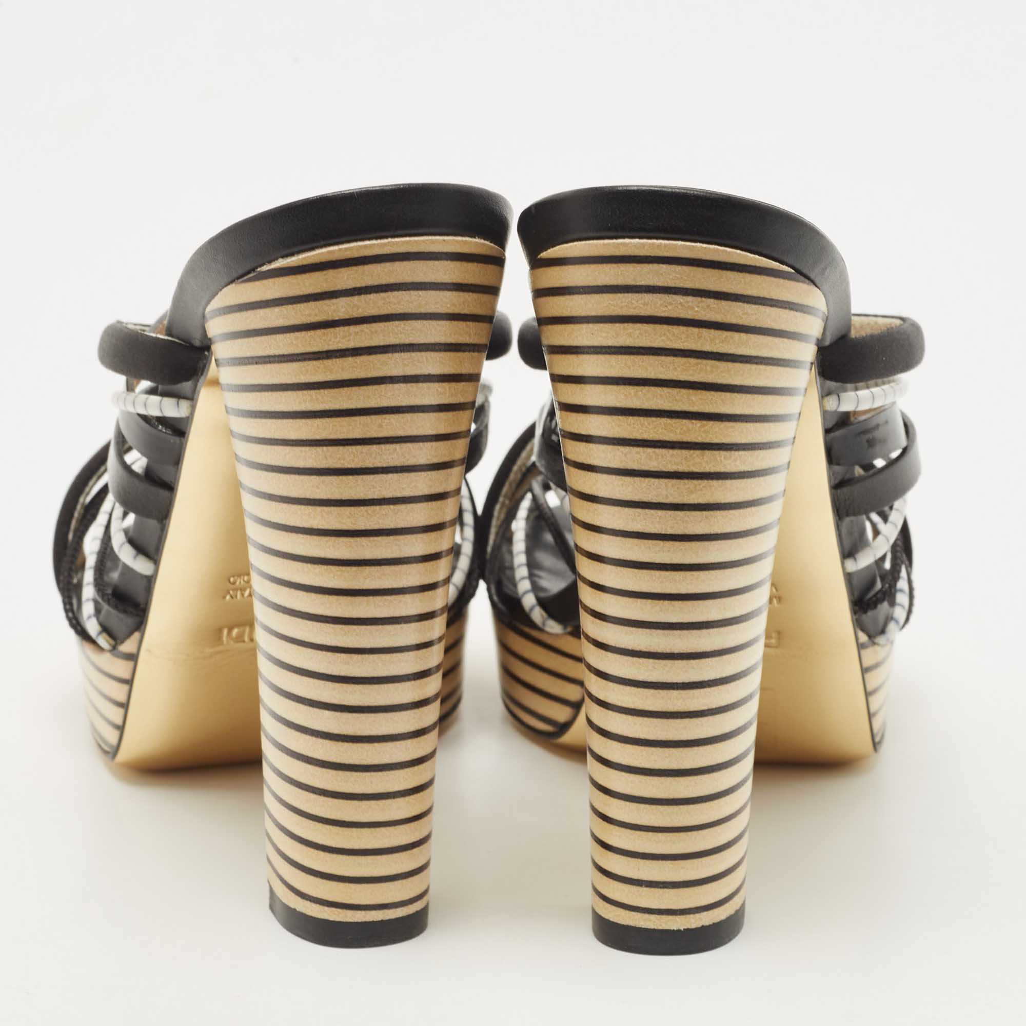Fendi Black Leather Strappy Platform Slide Sandals Size 39