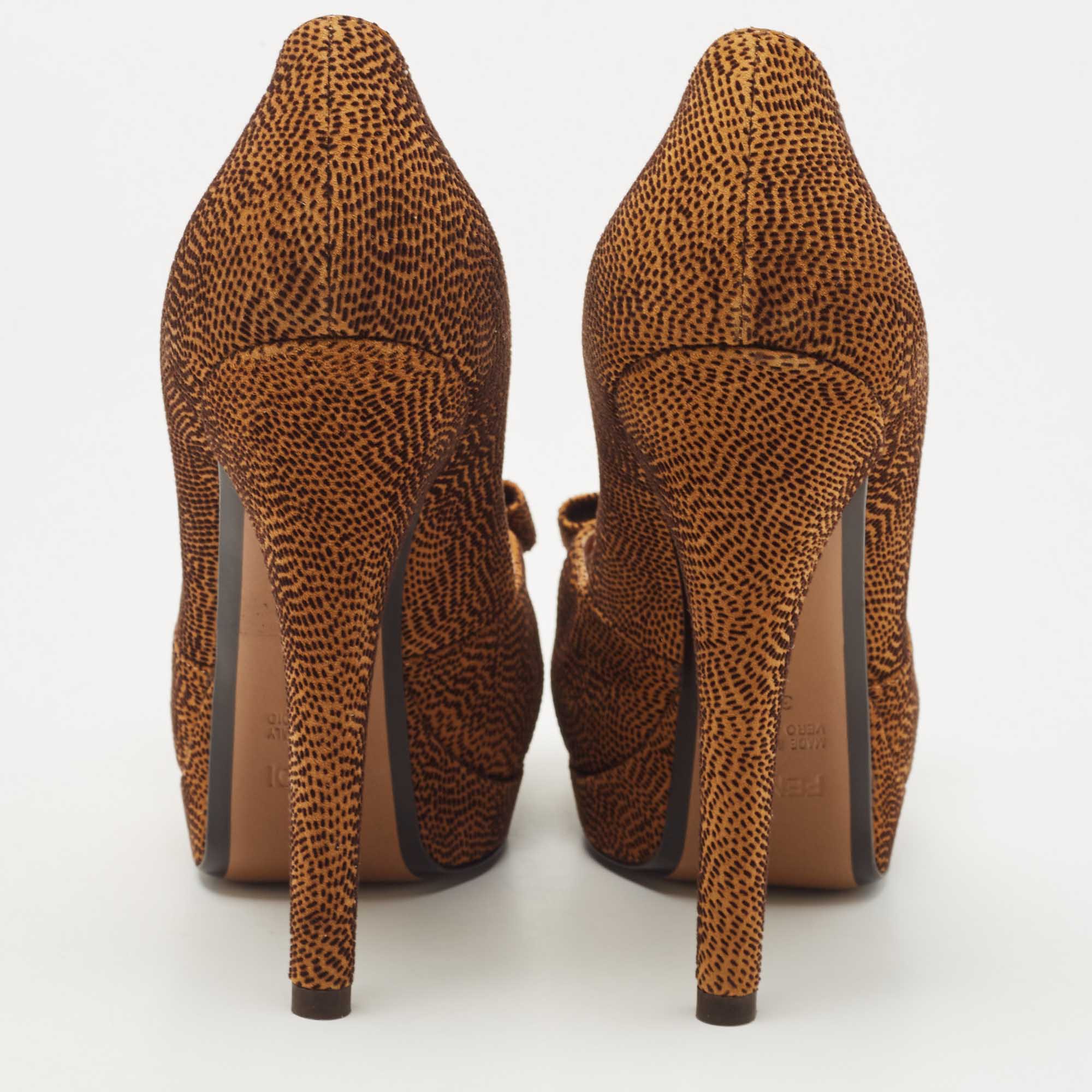 Fendi Brown Deco Textured Suede Peep Toe Bow Platform Pumps Size 39