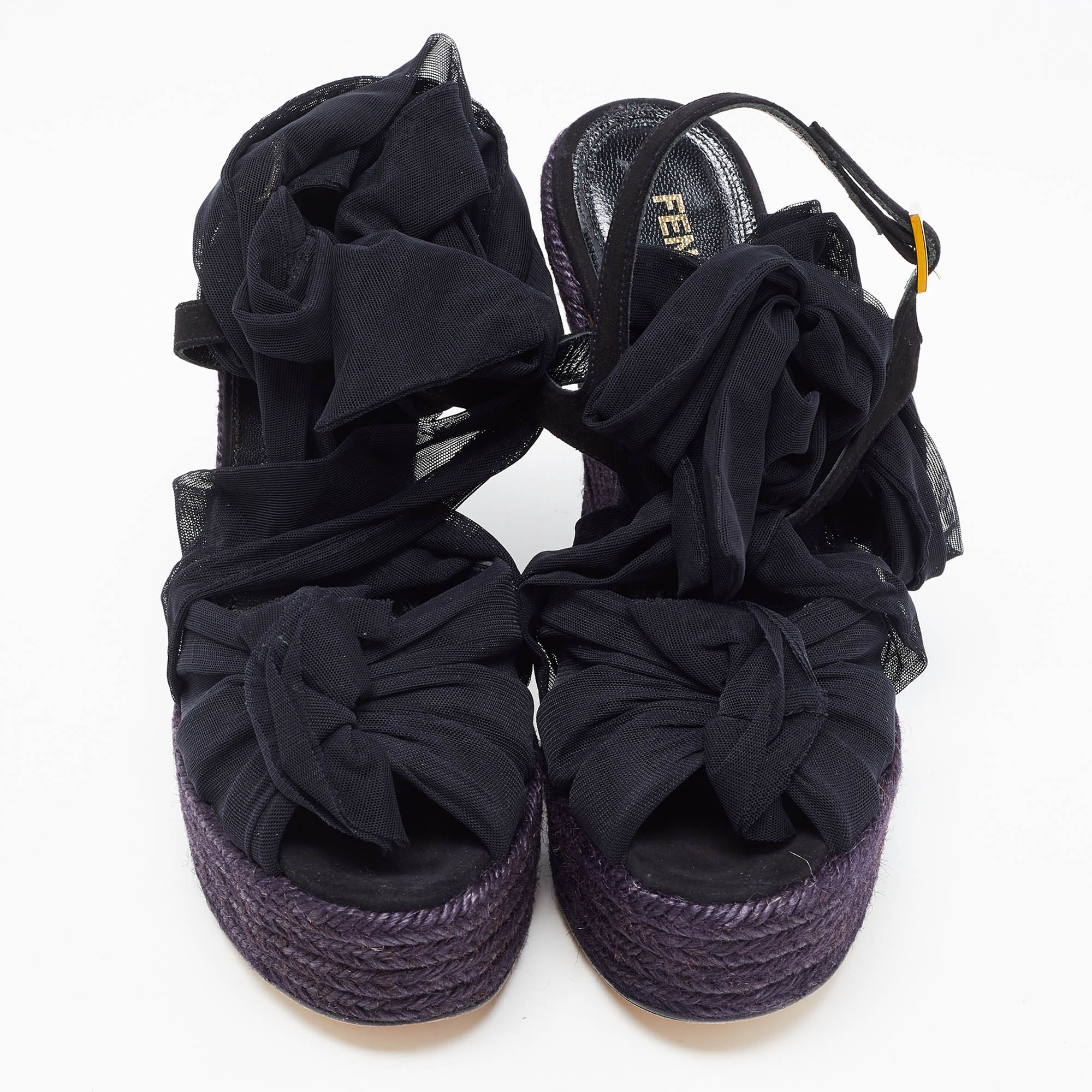 Fendi Black Mesh Fabric And Suede Wedge Platform Espadrille Ankle Strap Sandals Size 36.5