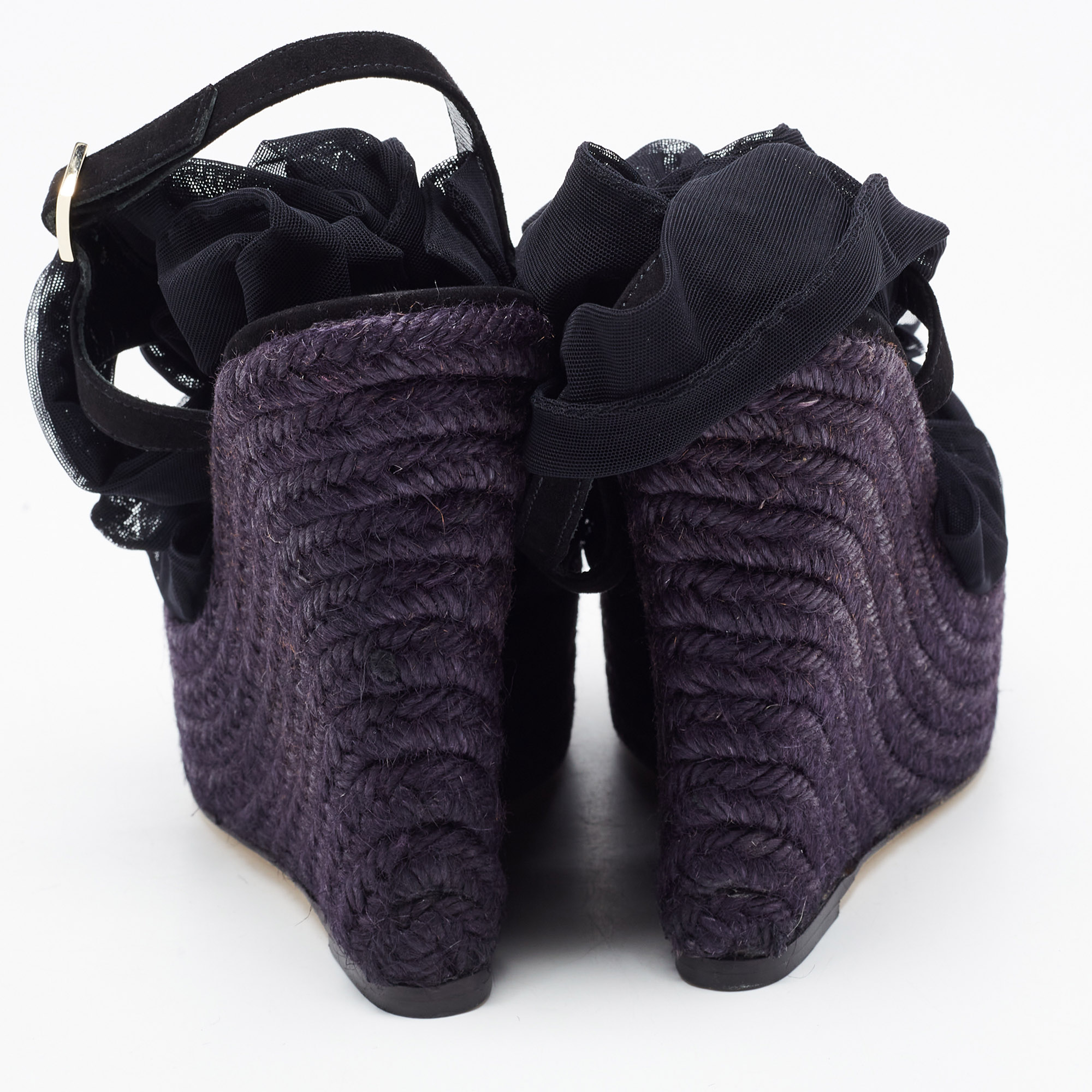 Fendi Black Mesh Fabric And Suede Wedge Platform Espadrille Ankle Strap Sandals Size 36.5