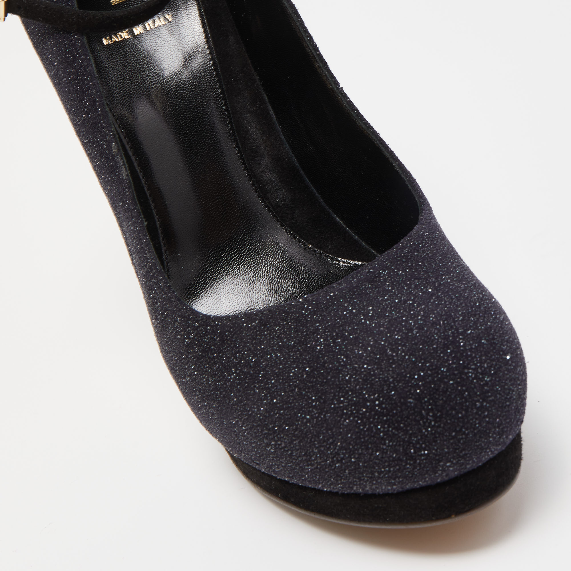 Fendi Black Glitter Suede Platform Ankle Strap Pumps Size 40