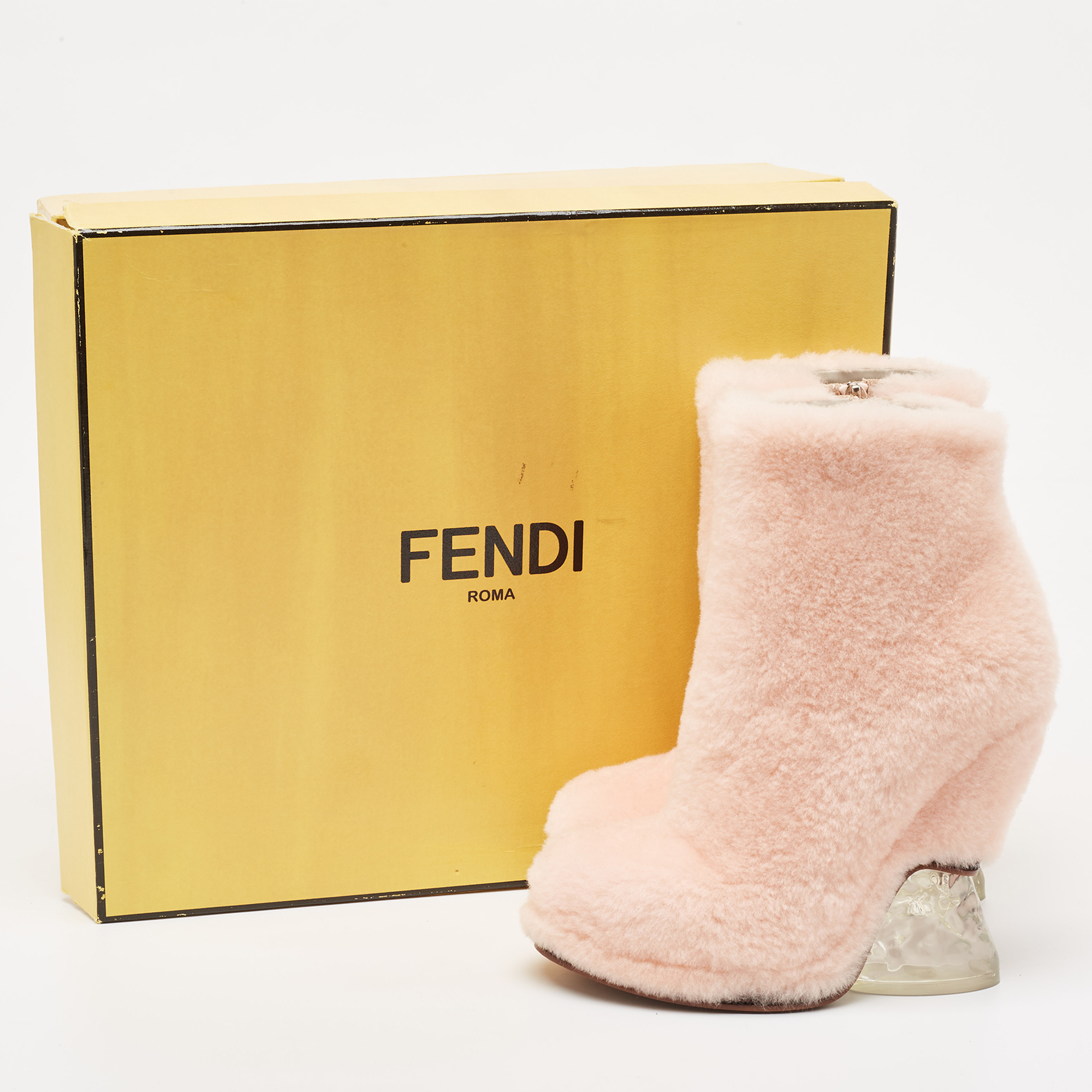 Fendi Light Pink Shearling Ice Heel Ankle Boots Size 38