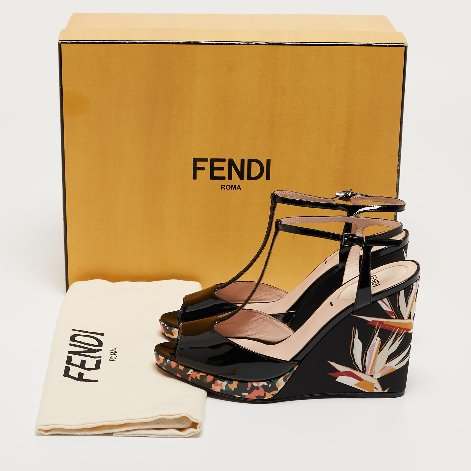 Fendi Black Patent Leather Bird Of Paradise T-Strap Wedge Sandals Size 36