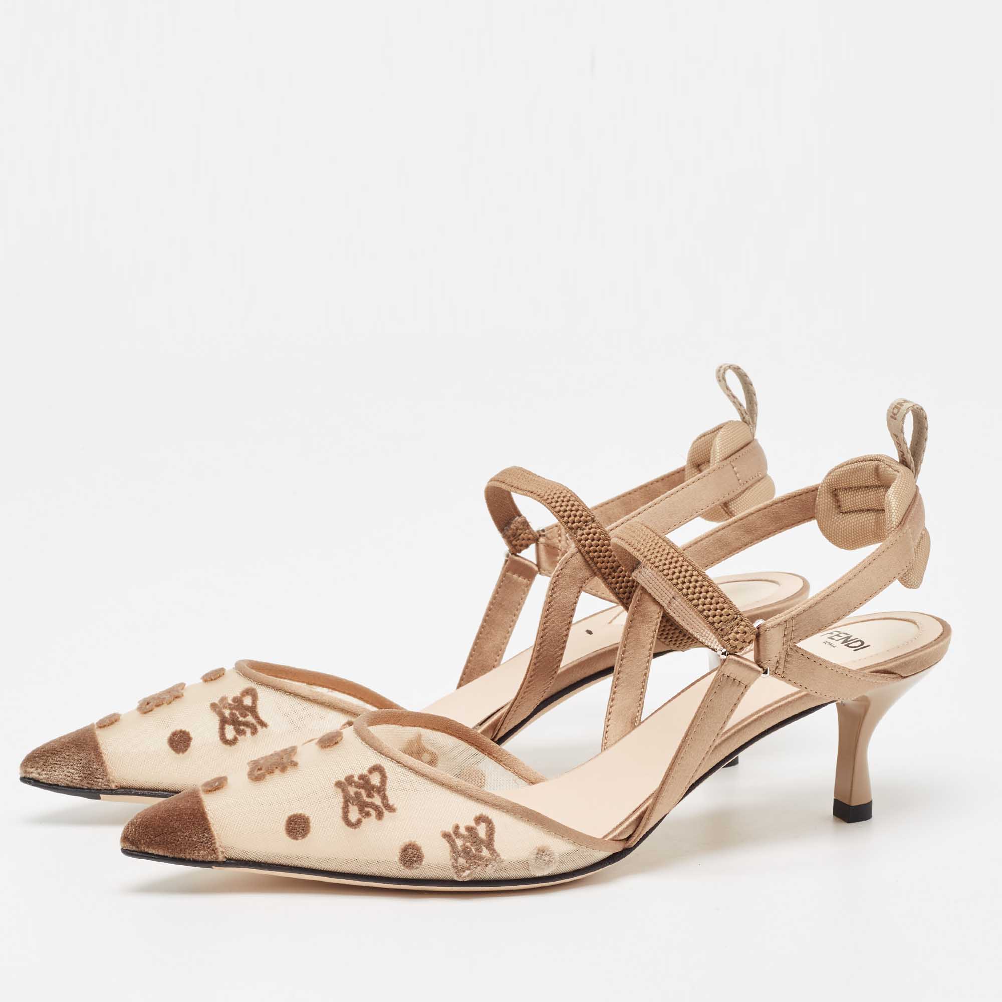 Fendi Beige Mesh and Satin Colibri Pointed Toe Slingback Pumps Size, Brown
Fendi Beige Mesh and Satin Colibri Pointed Toe Slingback Pumps Size, Brown