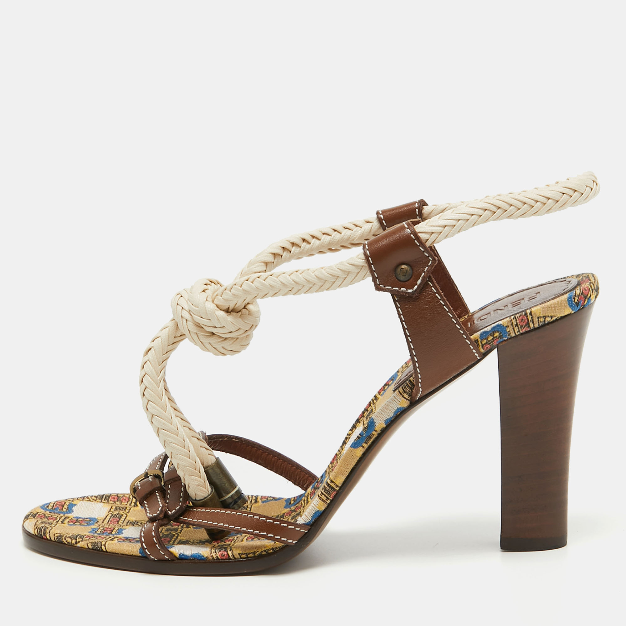 Fendi Brown/White Leather Rope Strappy Sandals Size 39