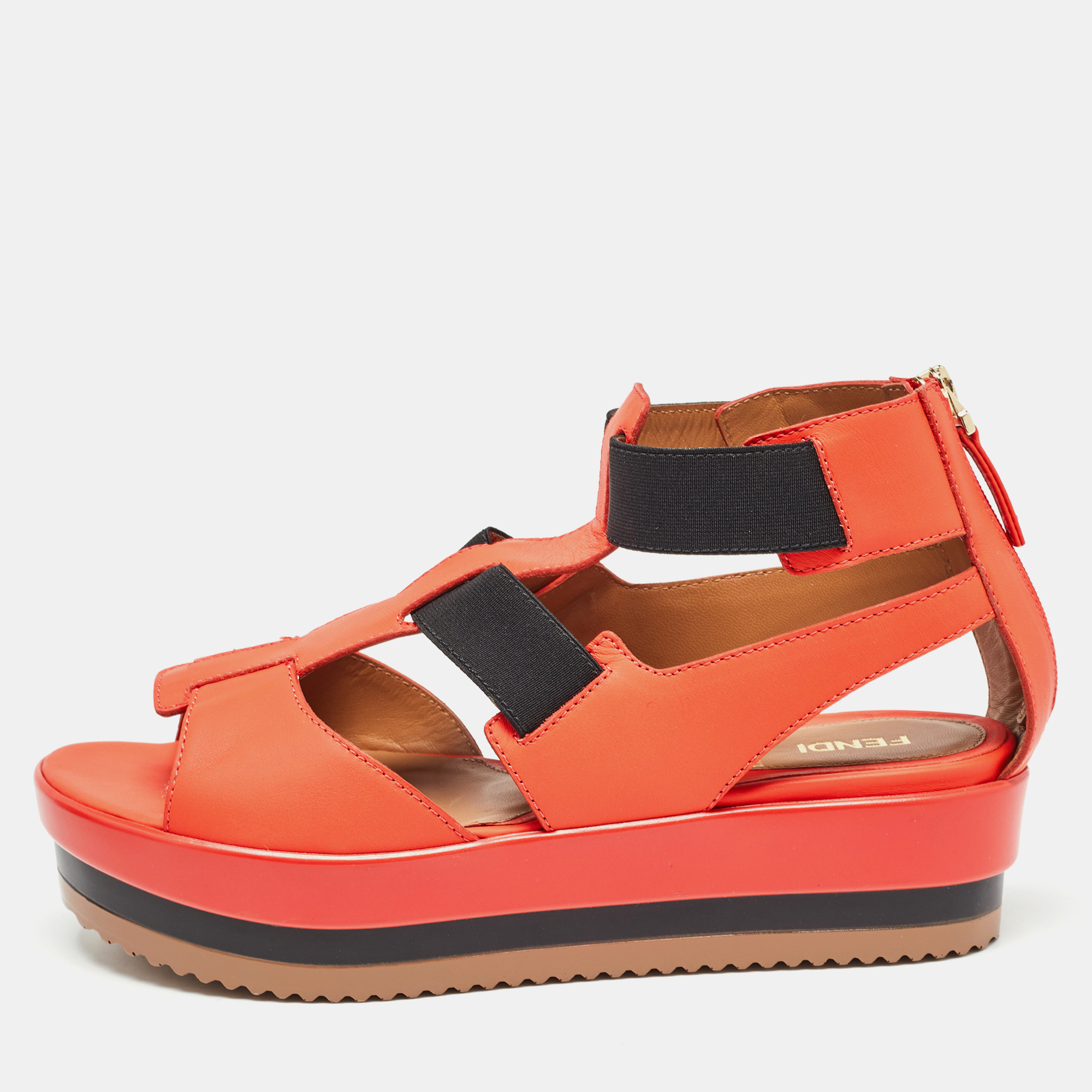 Fendi orange/black leather and elastic wedge platform sandals size 37.5