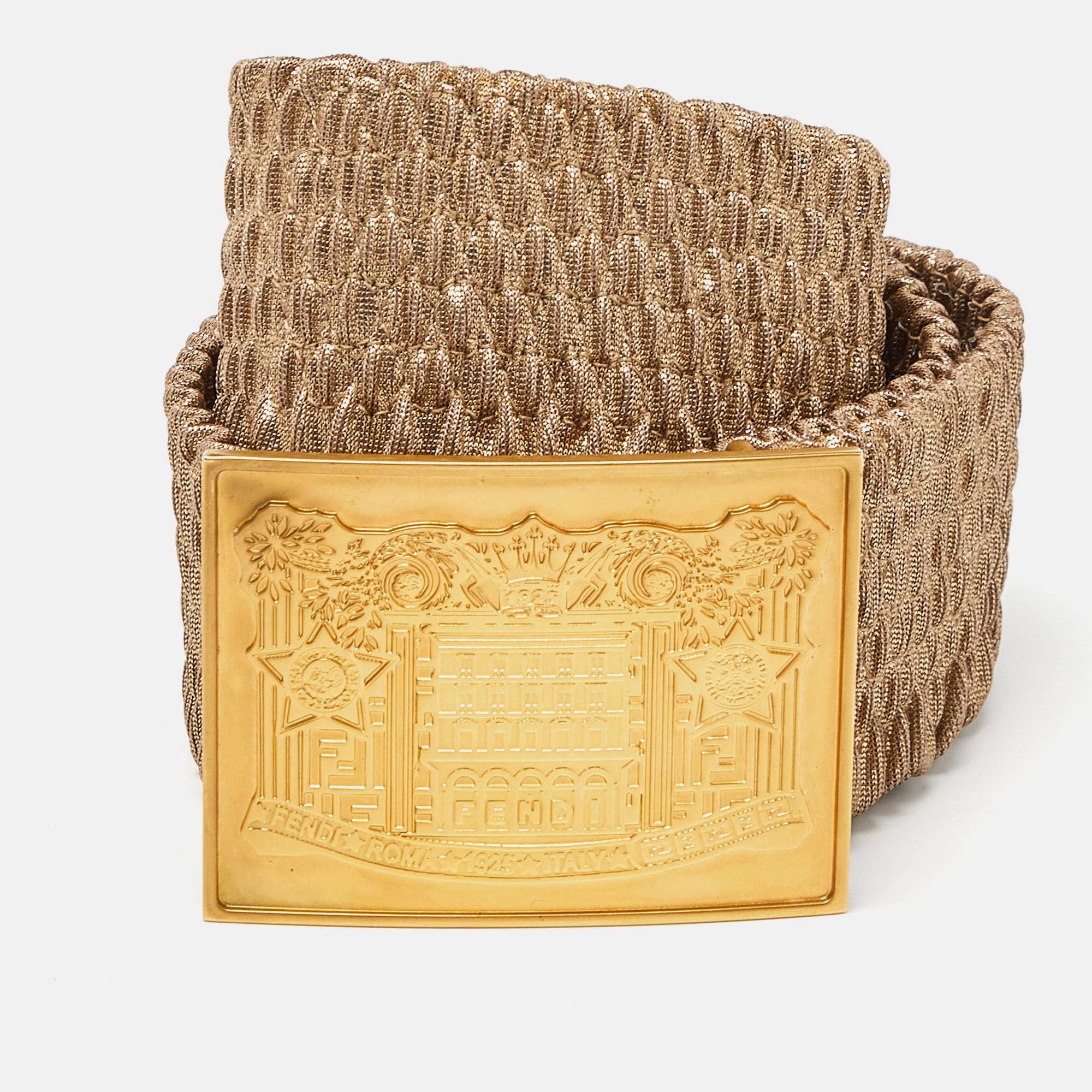 Fendi Gold Stretch Fabric And Leather Waist Belt 75CM