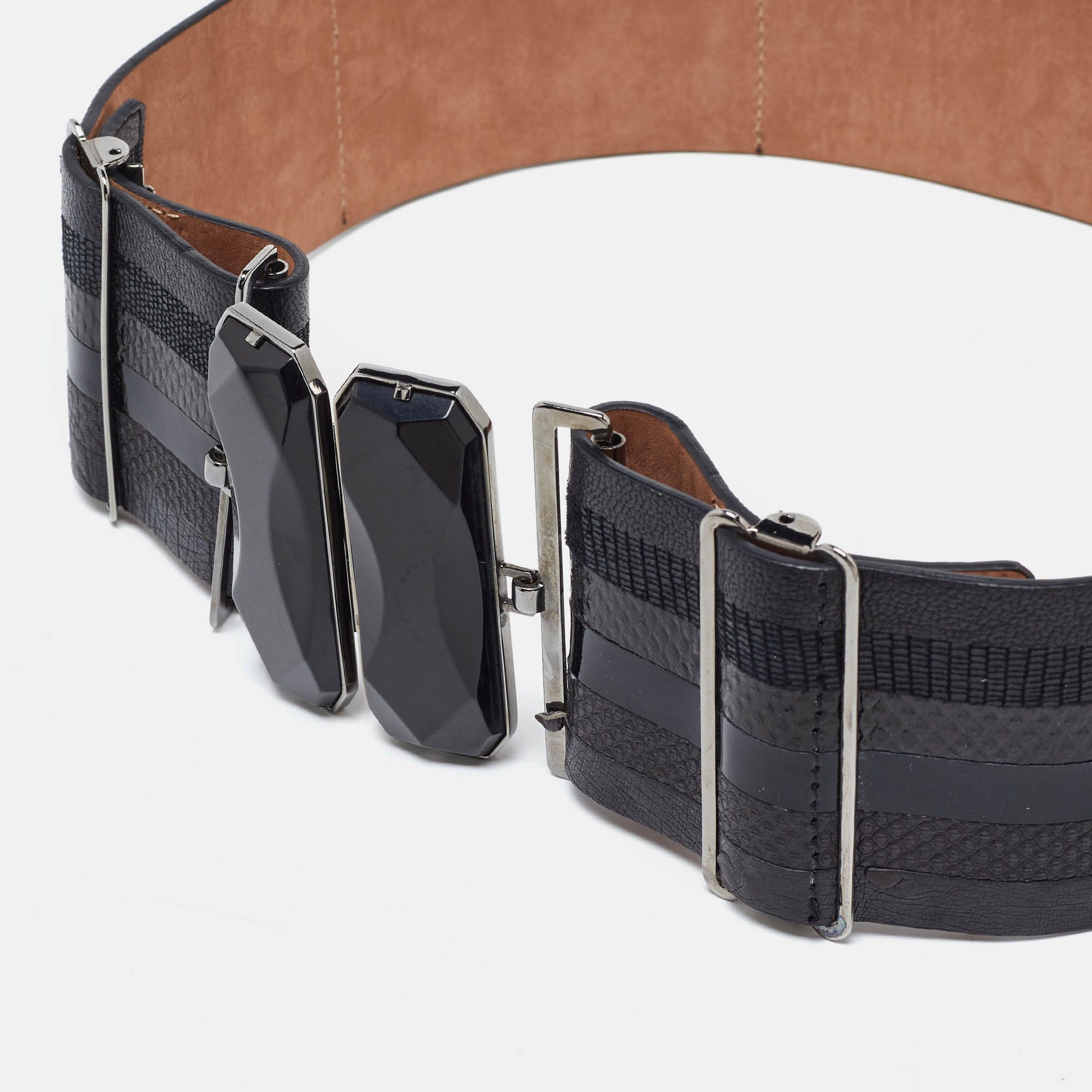 Fendi Black Karung, Patent And Leather Wide Waist Belt 70CM