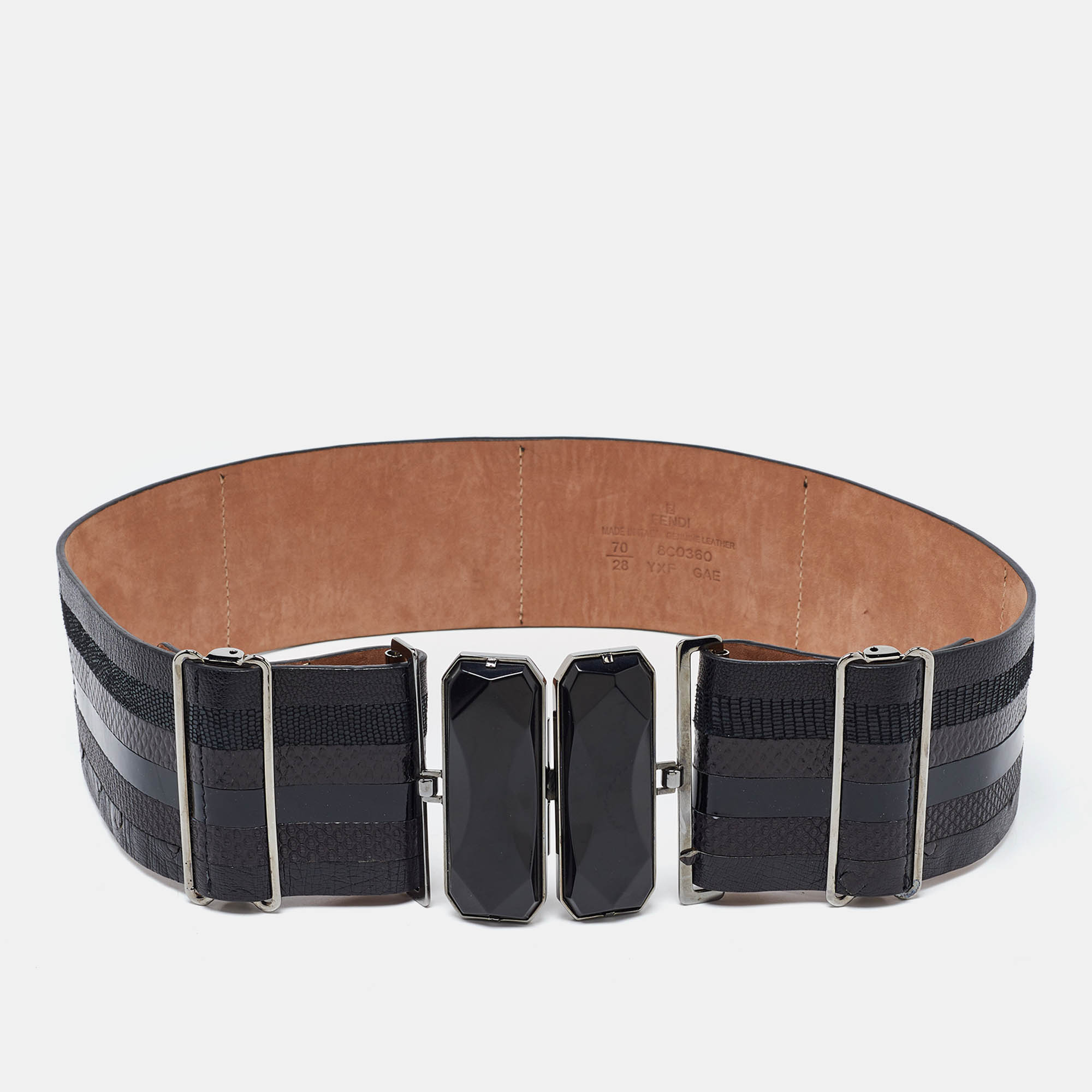 Fendi black karung, patent and leather wide waist belt 70cm