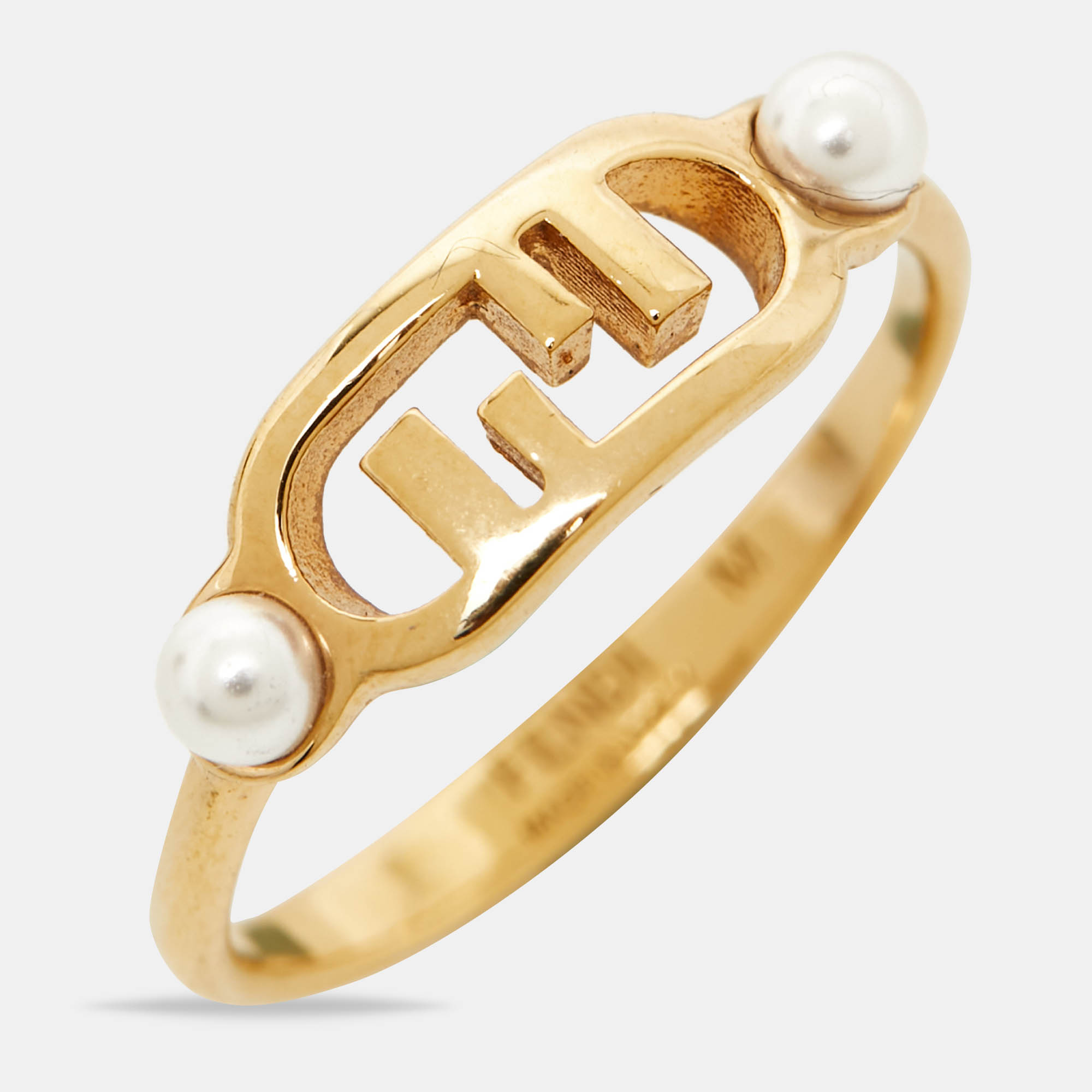 Fendi O'Clock Faux Pearl Gold Tone Ring Size 55