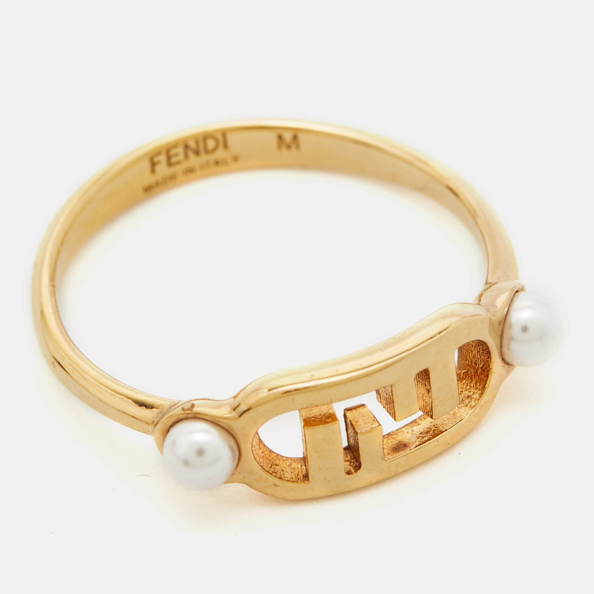 Fendi O'Clock Faux Pearl Gold Tone Ring Size 55