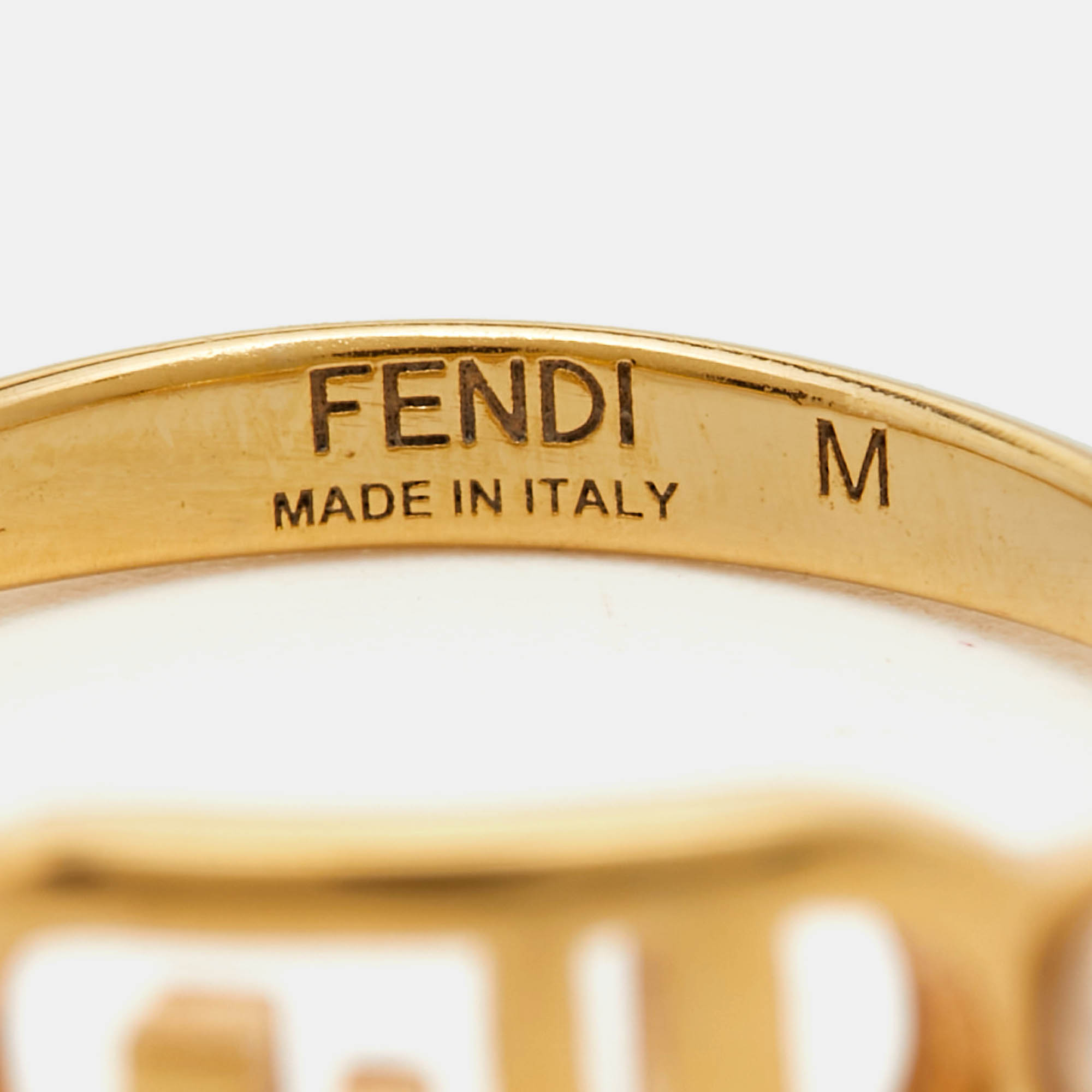 Fendi O'Clock Faux Pearl Gold Tone Ring Size 55