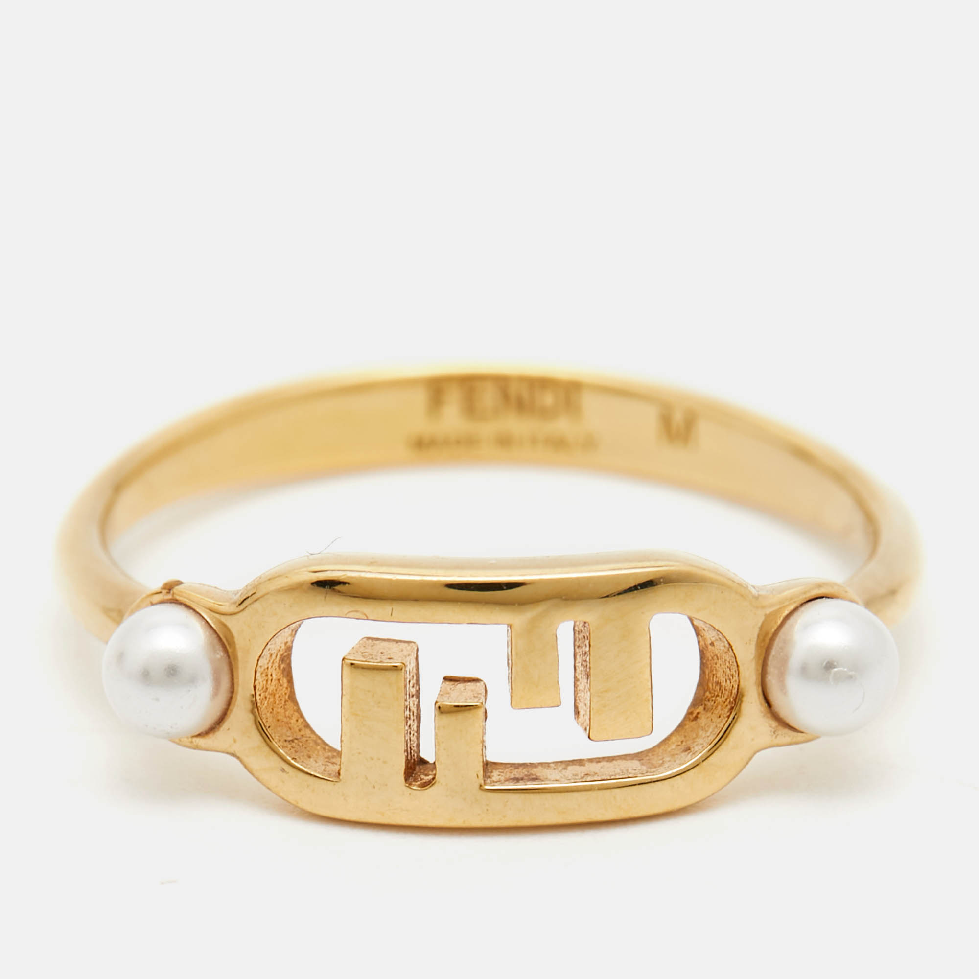 Fendi O'Clock Faux Pearl Gold Tone Ring Size 55