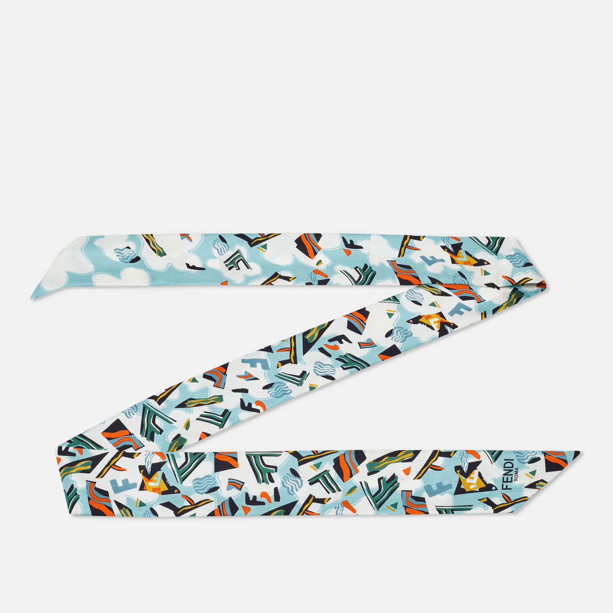 Fendi Teal Blue Printed Silk Bandeau Scarf