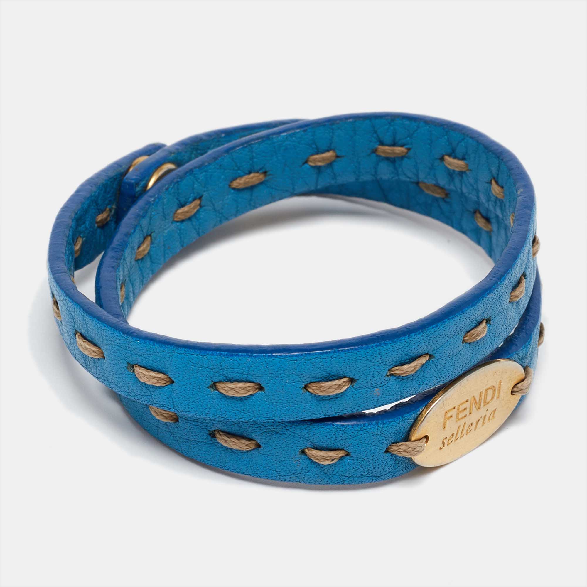 Fendi Selleria Blue Leather Double Wrap Bracelet