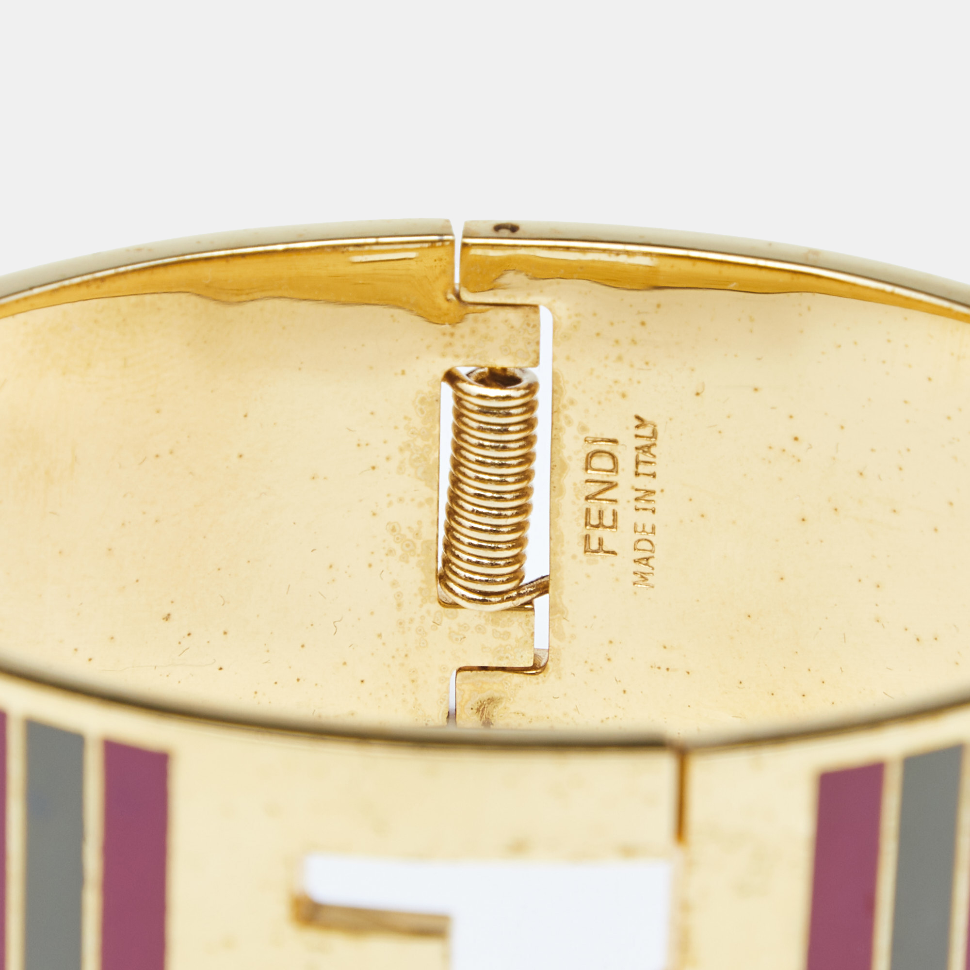 Fendi Fendista Bi Color Striped Enamel Gold Tone Wide Bracelet M