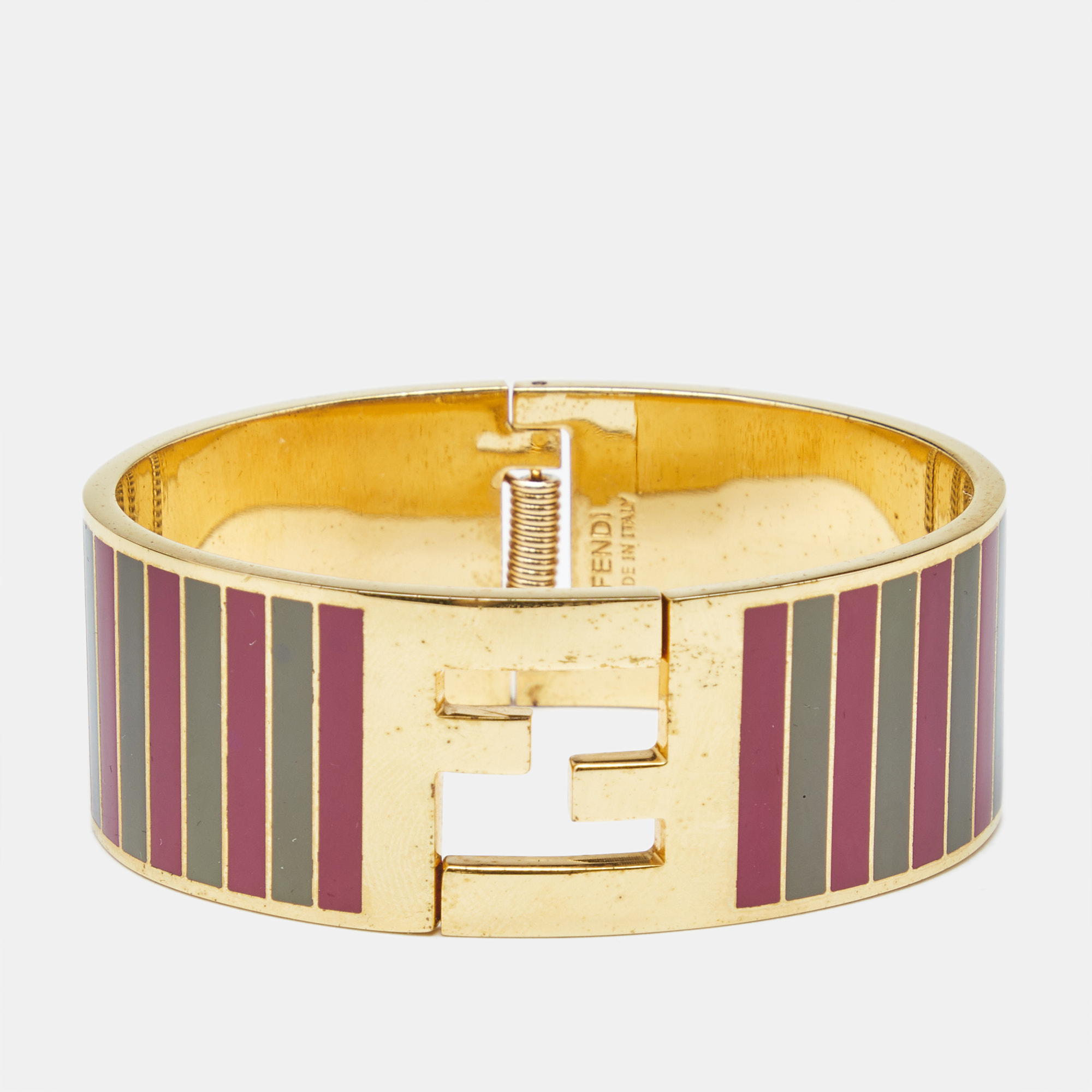 Fendi Fendista Bi Color Striped Enamel Gold Tone Wide Bracelet M