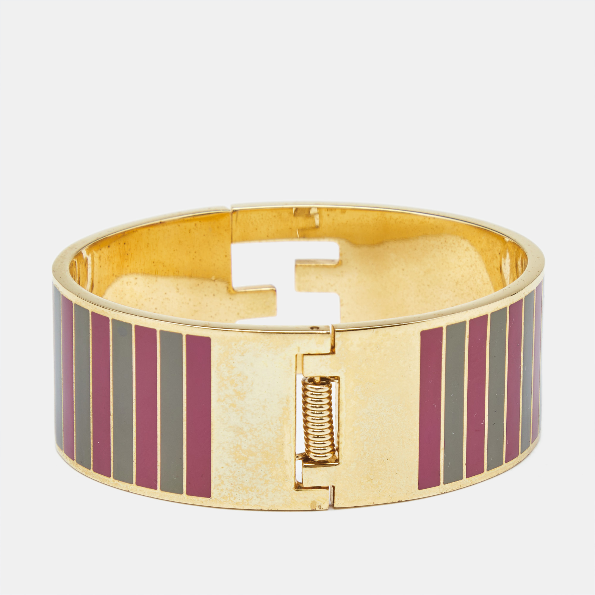 Fendi Fendista Bi Color Striped Enamel Gold Tone Wide Bracelet M