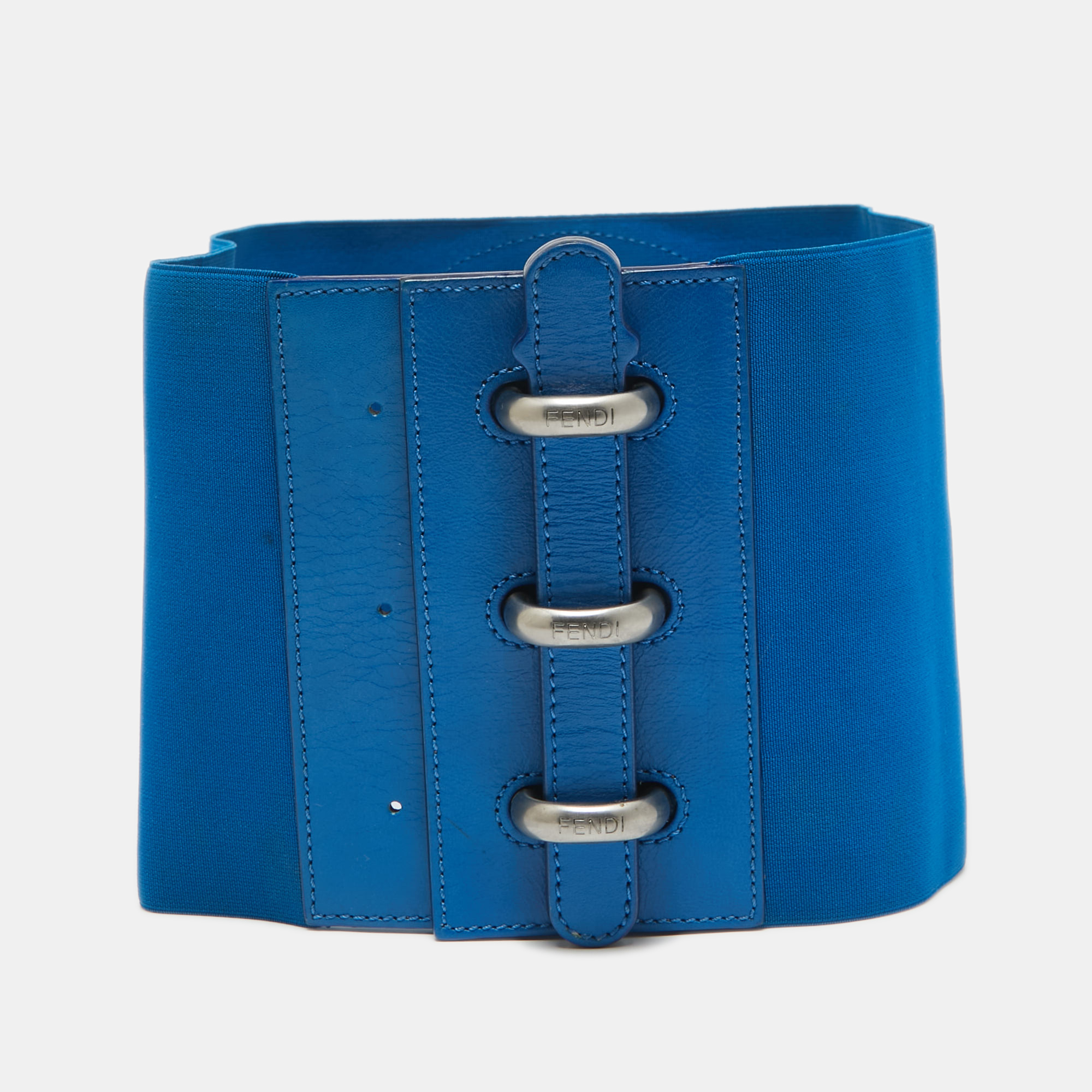 Fendi Blue Elastic And Leather Waist Belt 70 CM