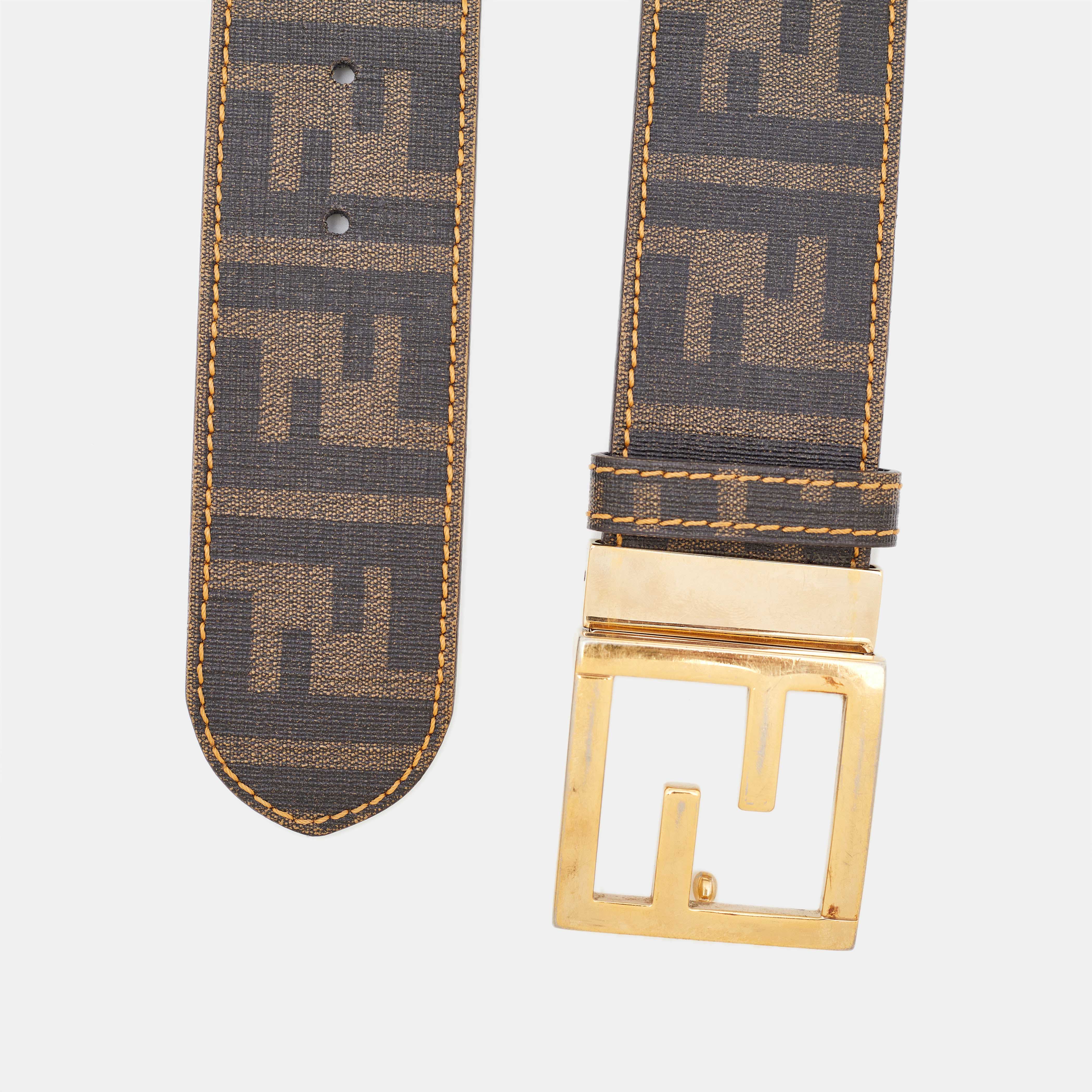 Fendi Tobacco Zucca And Zucchino Coated Canvas FF Reversible Buckle Belt 95 CM