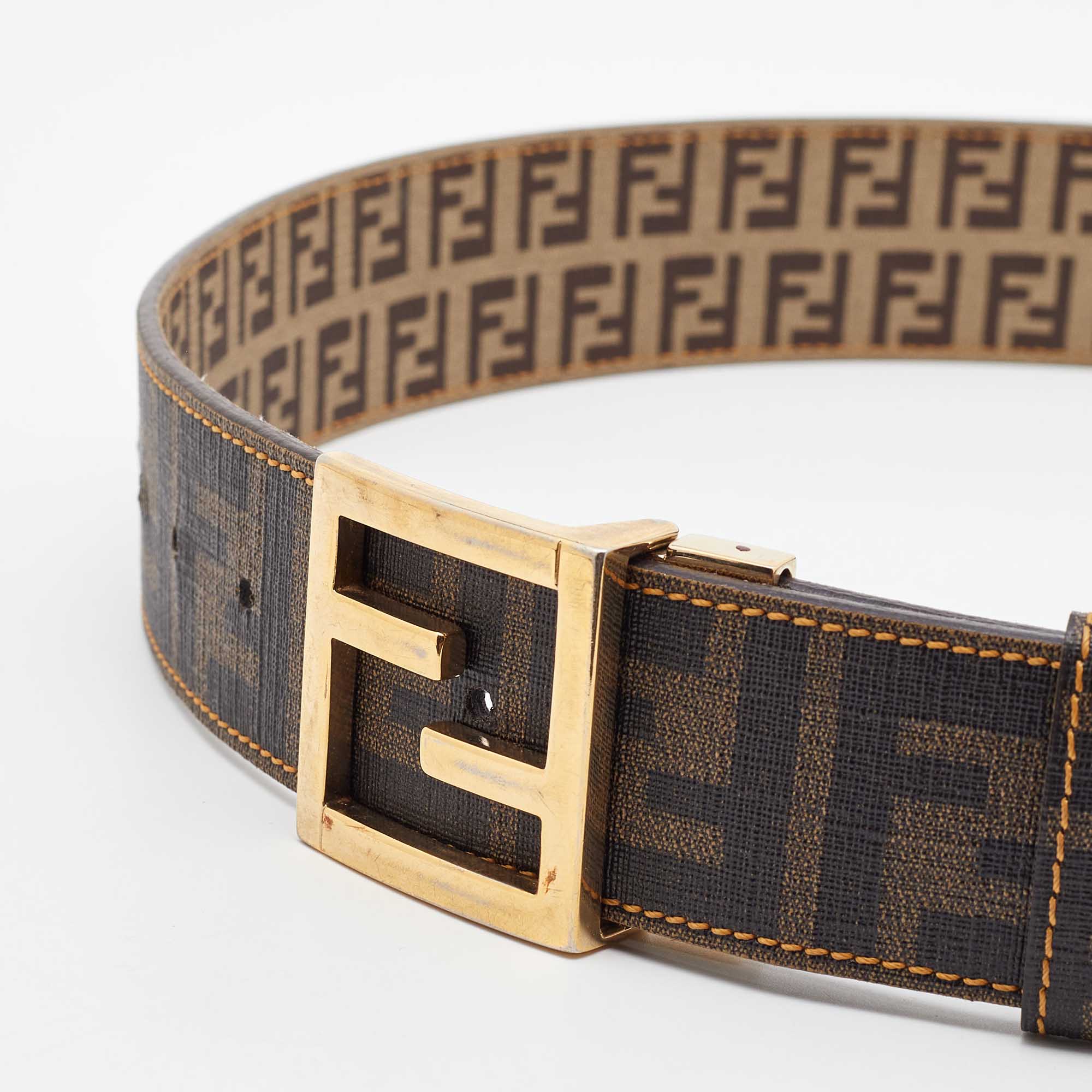 Fendi Tobacco Zucca And Zucchino Coated Canvas FF Reversible Buckle Belt 95 CM