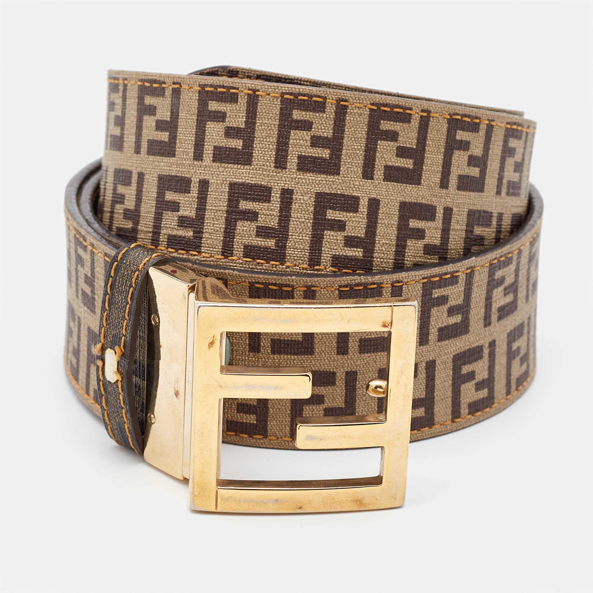 Fendi Tobacco Zucca And Zucchino Coated Canvas FF Reversible Buckle Belt 95 CM