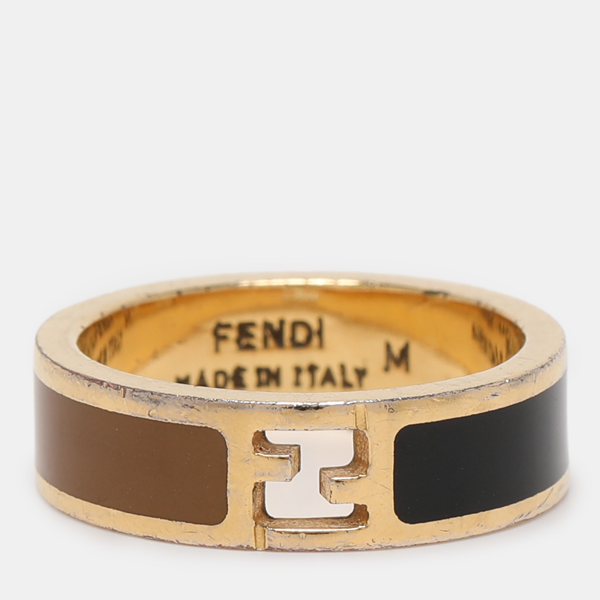 Fendi The Fendista Bi-color Enamel Gold Tone Band Ring Size 55