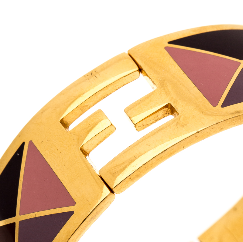 Fendi The Fendista Multicolor Geometric Enamel Gold Tone Wide Bracelet M