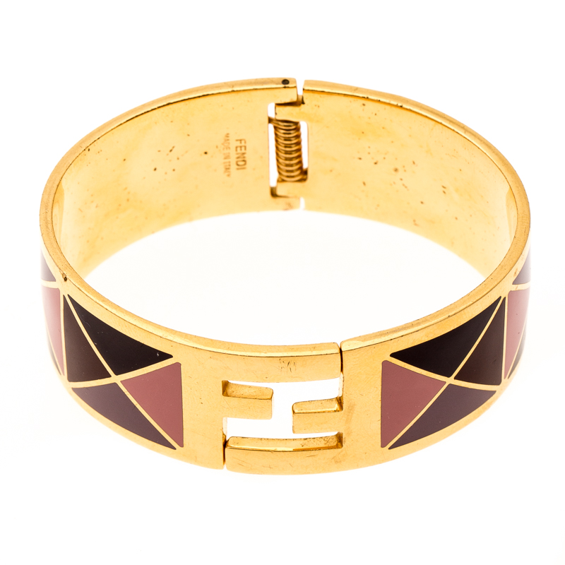 Fendi The Fendista Multicolor Geometric Enamel Gold Tone Wide Bracelet M