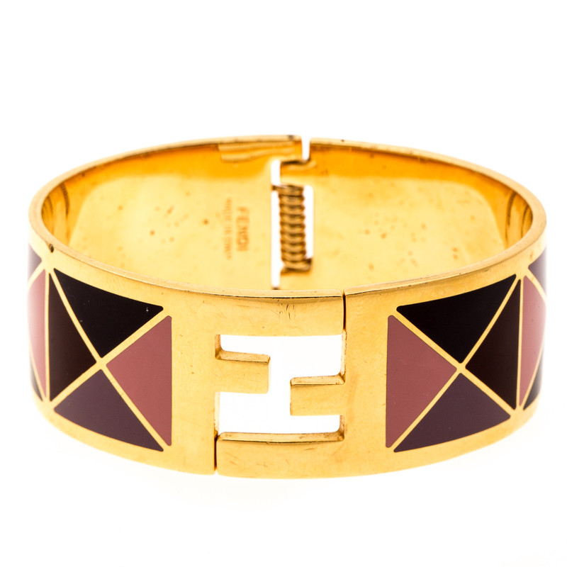 Fendi the fendista multicolor geometric enamel gold tone wide bracelet m