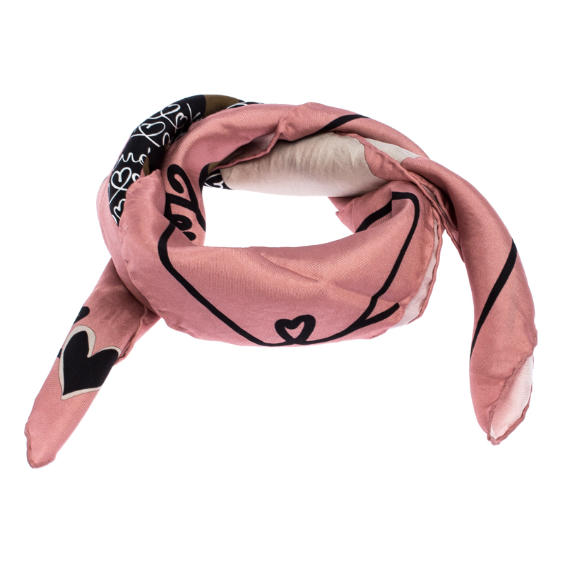 Fendi Pink Logo Heart Silk Twill Square Scarf