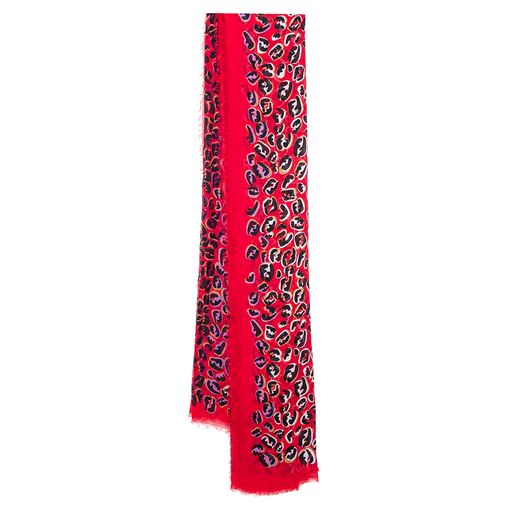 Fendi Red Zucca Leopard Pattern Printed Modal & Silk Scarf