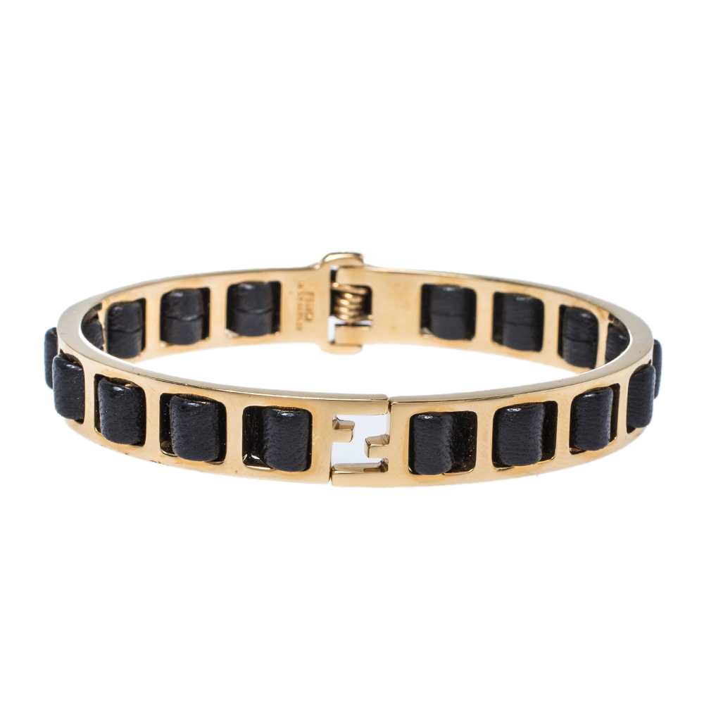 Fendi Black Leather Interwoven Gold Tone Cuff Bracelet M