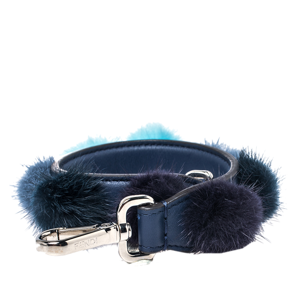 Fendi Blue Leather With Multicolor Mink Fur Pompoms Bag Strap