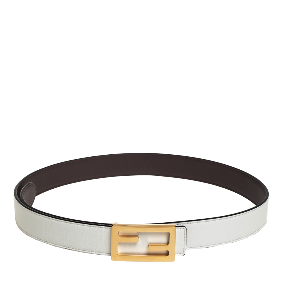 Fendi White/Chocolate Brown Leather Baguette Buckle Reversible Belt 90CM