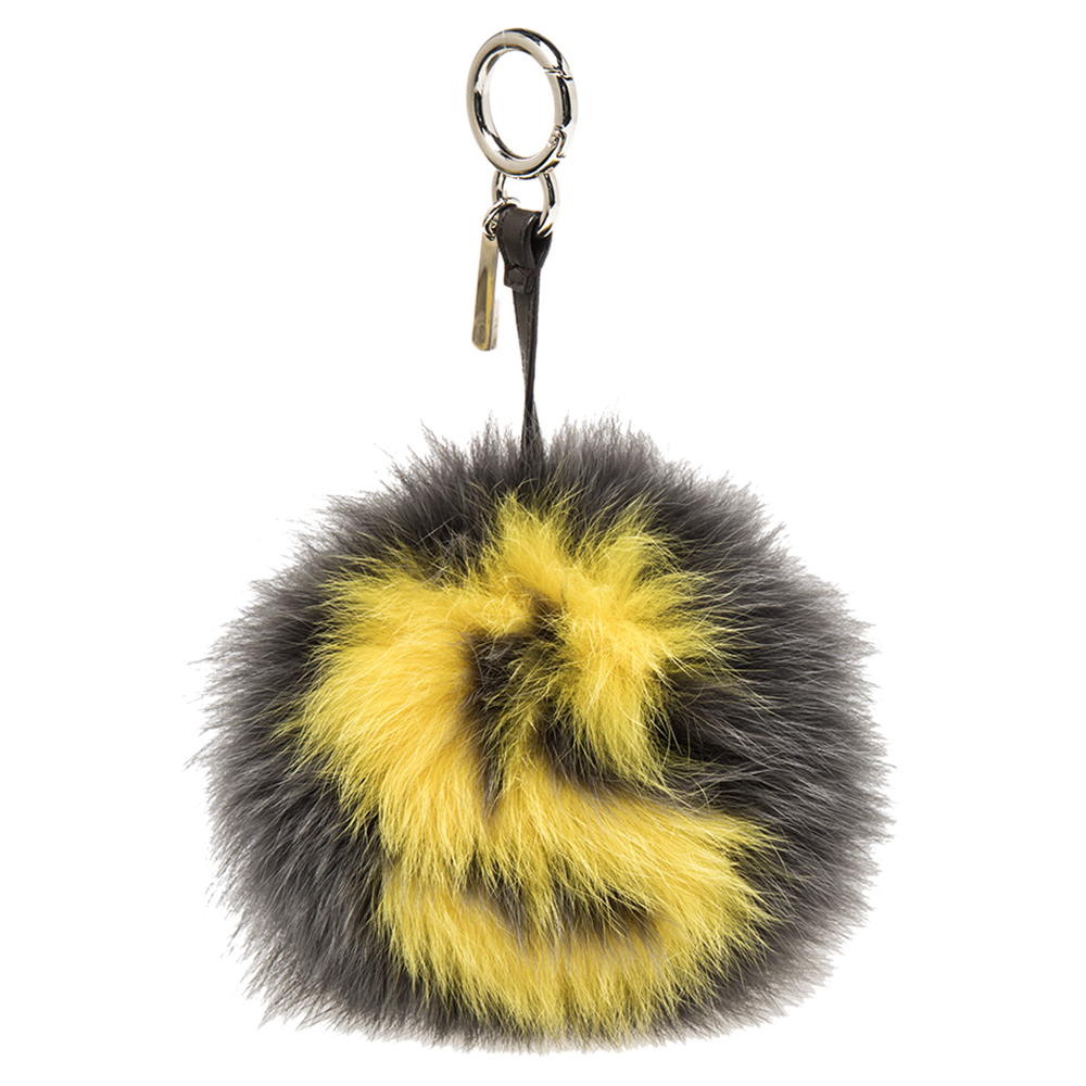 Fendi Grey Fox Fur Alphabet Pom-Pom Bag Charm female Fox Fur, Leather