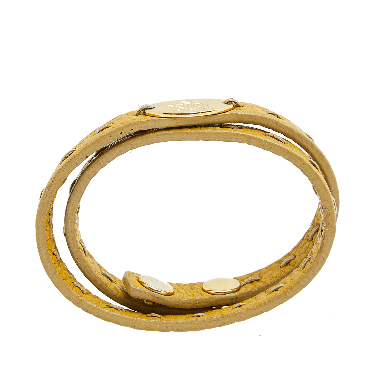 Fendi Yellow Selleria Leather Gold Tone Metal Double Wrap Bracelet