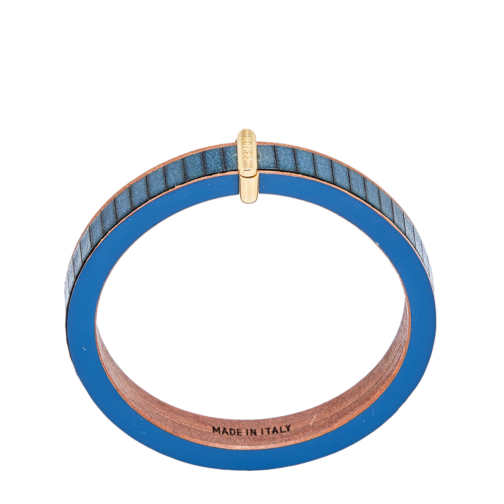 Fendi Wood Leather Gold Tone Metal Navy Blue Bangle Bracelet